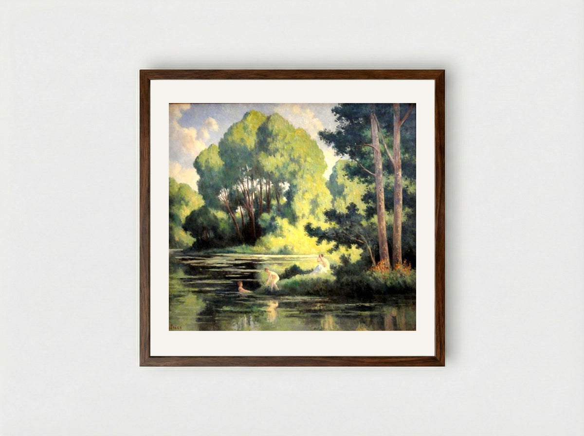 Rolleboise, Swimming In The Little Arm - Maximilien Luce - Framed Print Dark Wood