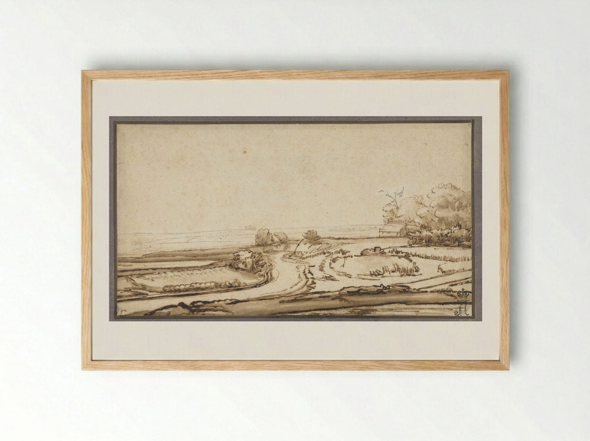Rolling Landscape with Road and House at the Edge of a Wood - Abraham Furnerius - Framed Print Wood