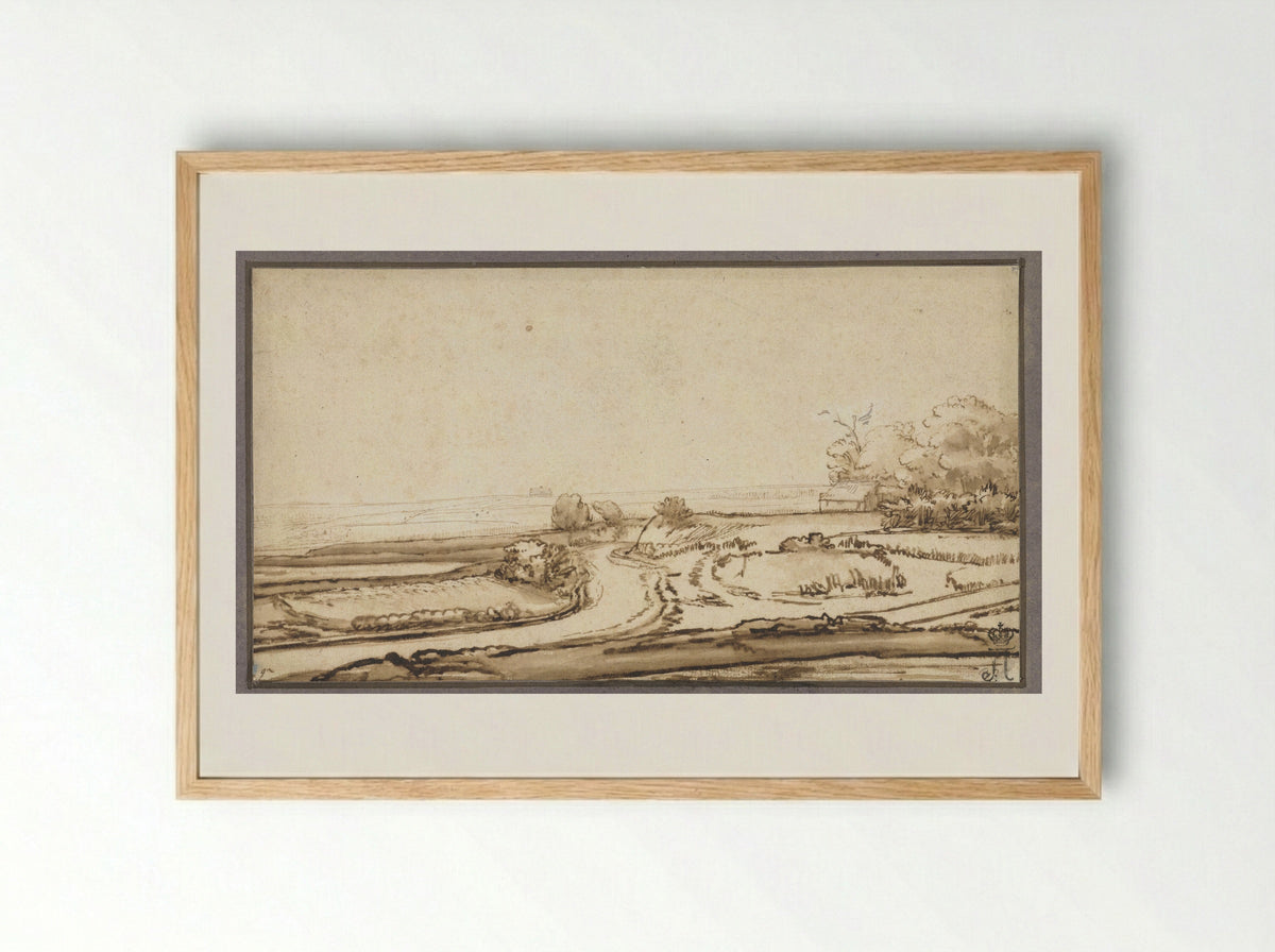 Rolling Landscape with Road and House at the Edge of a Wood - Abraham Furnerius - Framed Print Wood