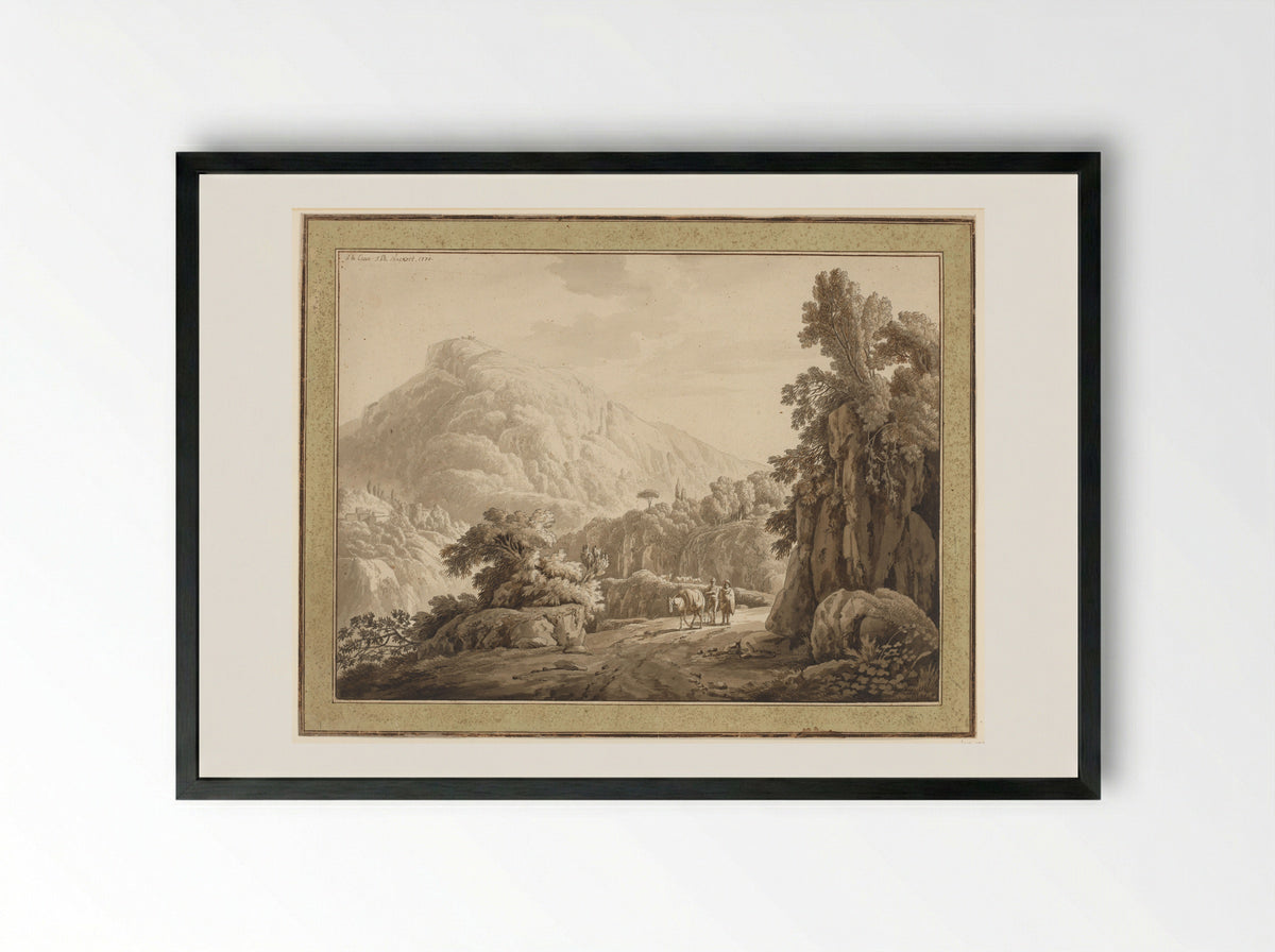 Roman Landscape with Mountain Road and Two Men with a Mule - Jacob Philipp Hackert - Framed Print Black
