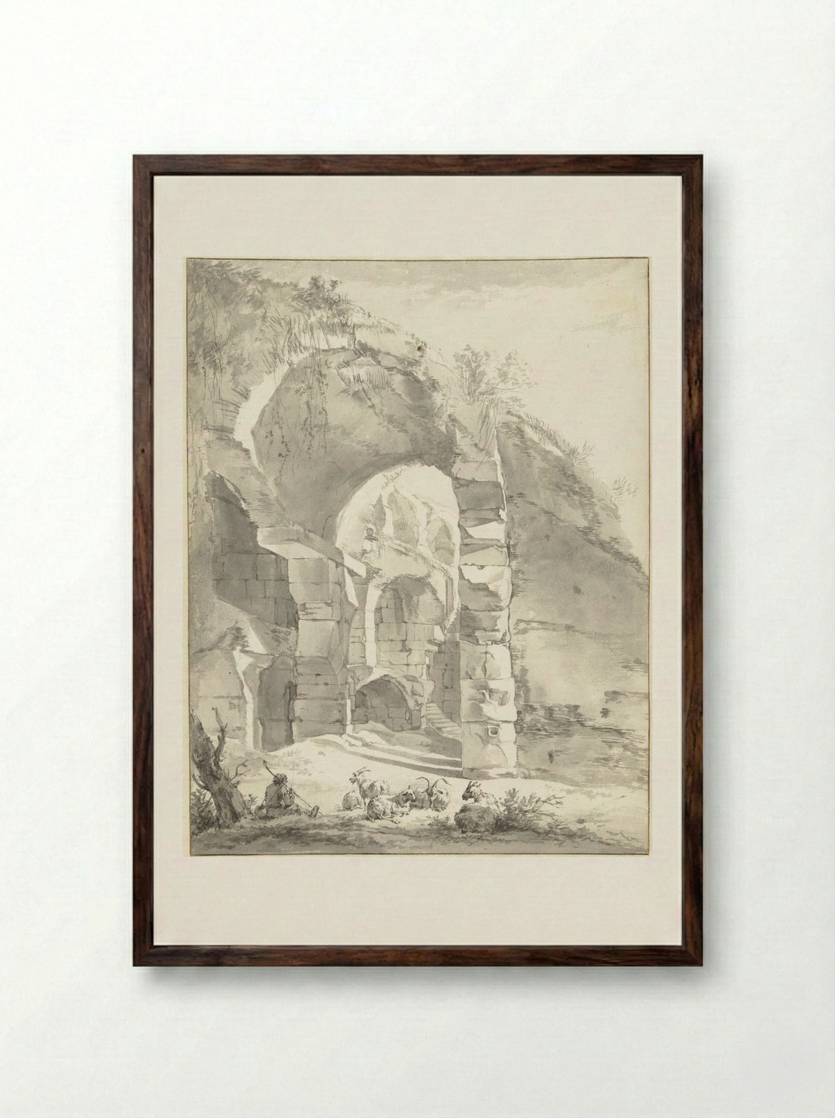 Roman Ruins with a Shepherd and a Flock of Sheep and Goats - Willem Romeyn - Framed Print Dark Wood
