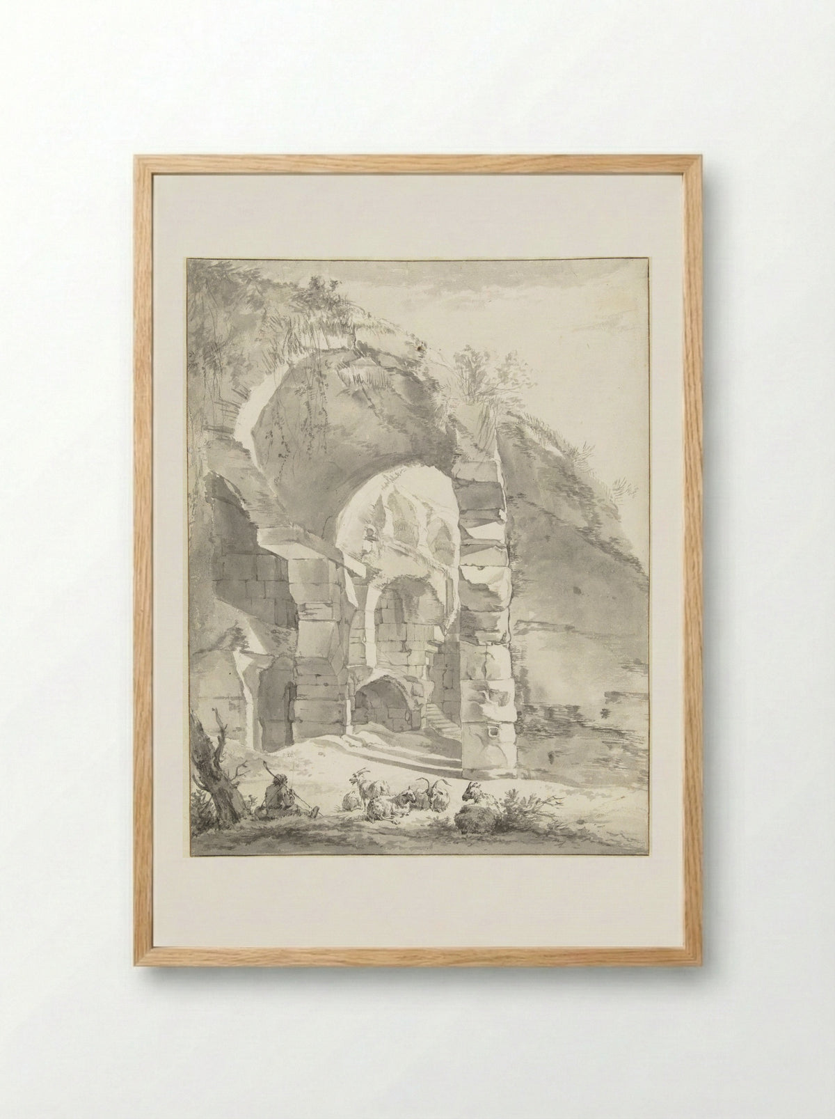 Roman Ruins with a Shepherd and a Flock of Sheep and Goats - Willem Romeyn - Framed Print Wood