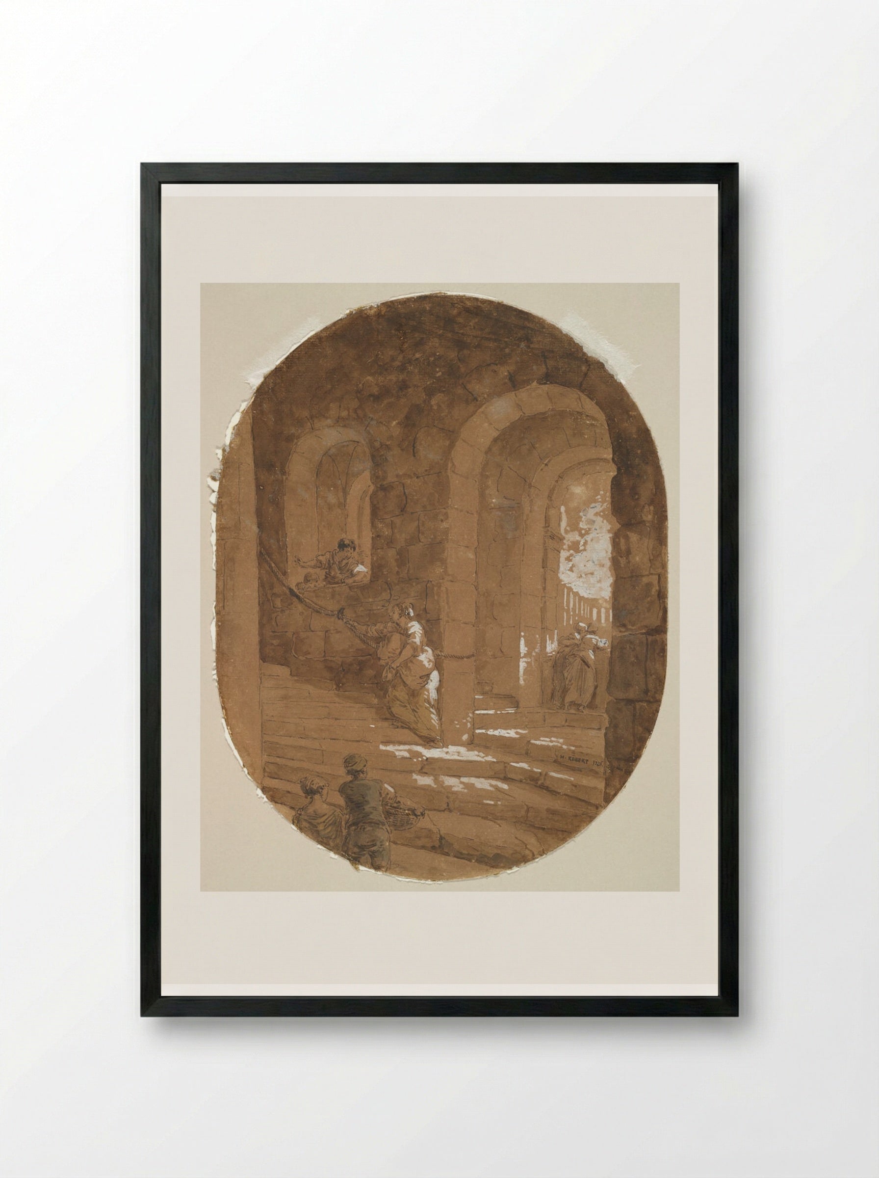 Roman Staircase with Figures - Hubert Robert - Framed Print Black