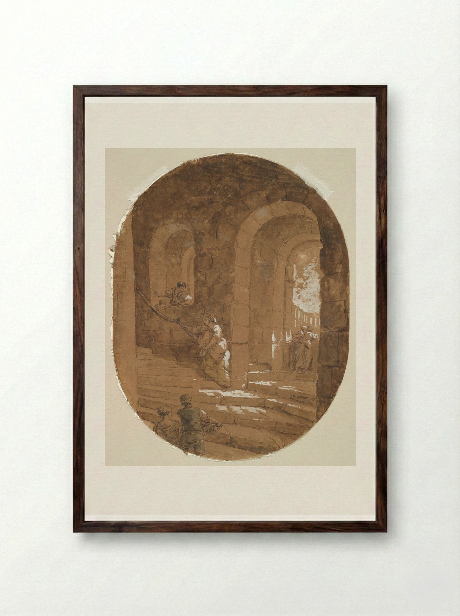 Roman Staircase with Figures - Hubert Robert - Framed Print Dark Wood