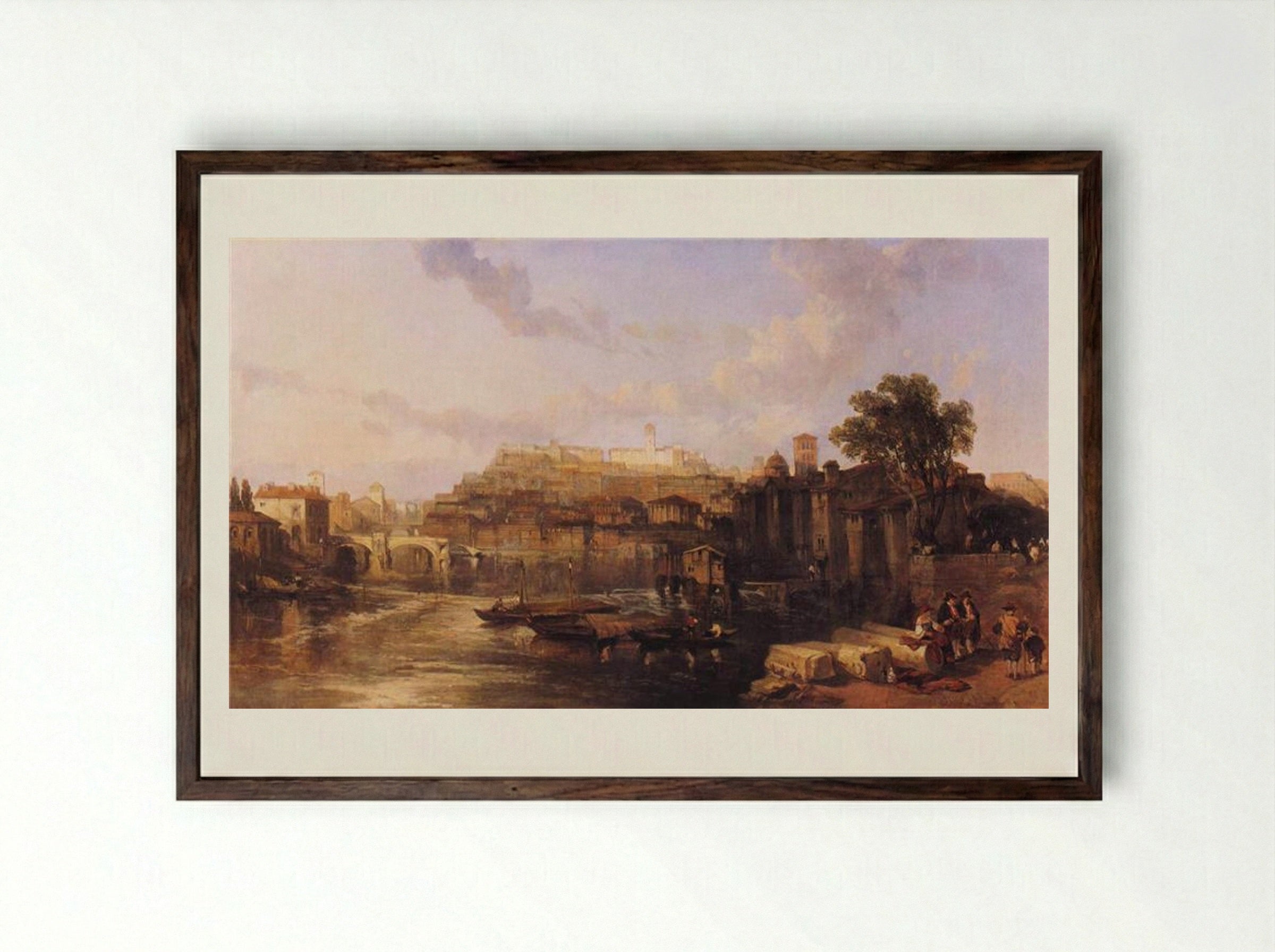 Rome, View on the Tiber Looking Towards Mounts Palatine and Aventine - David Roberts - Framed Print Dark Wood