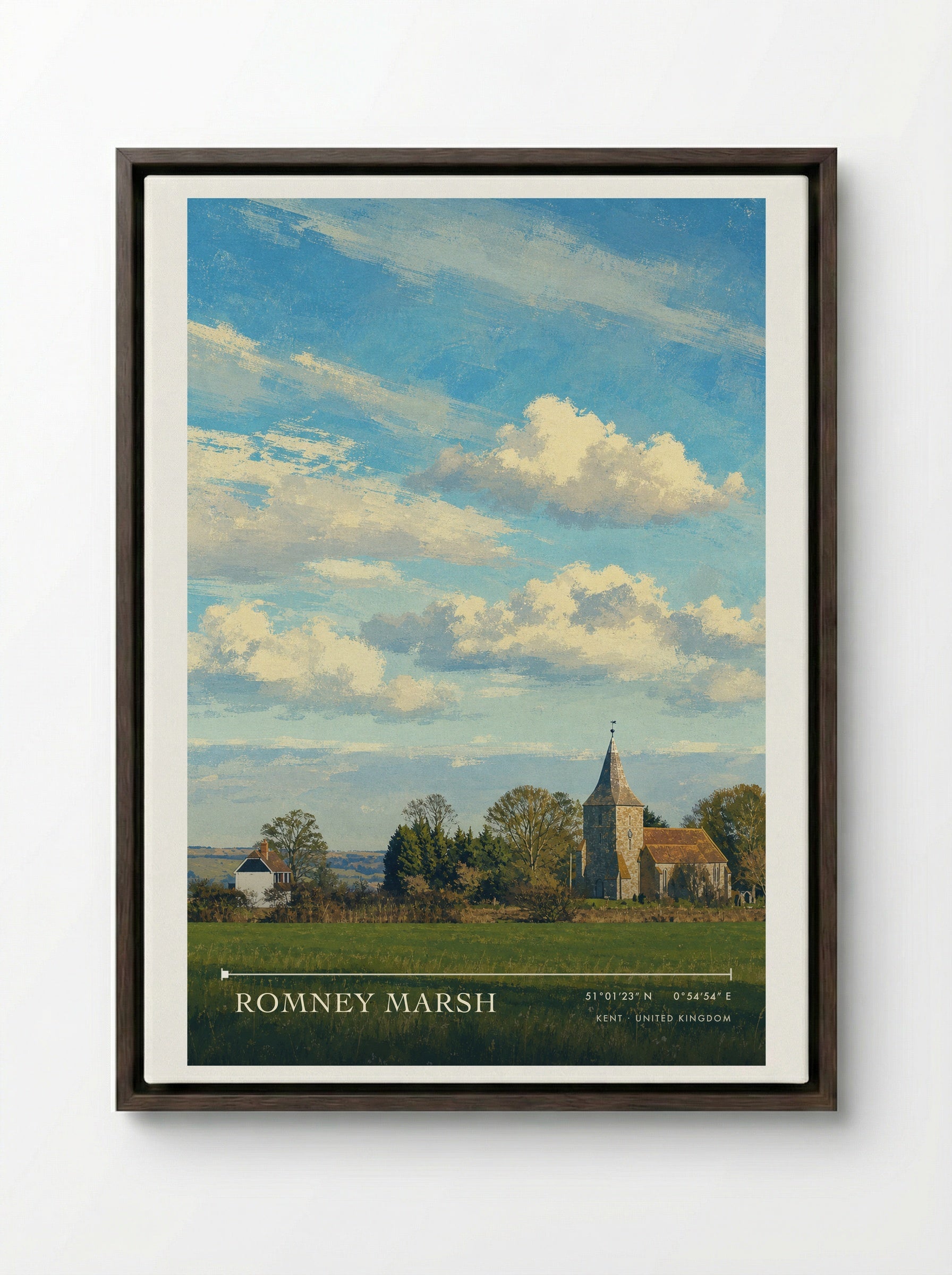 Romney Marsh Kent United Kingdom Travel Poster - Framed Canvas Dark Wood