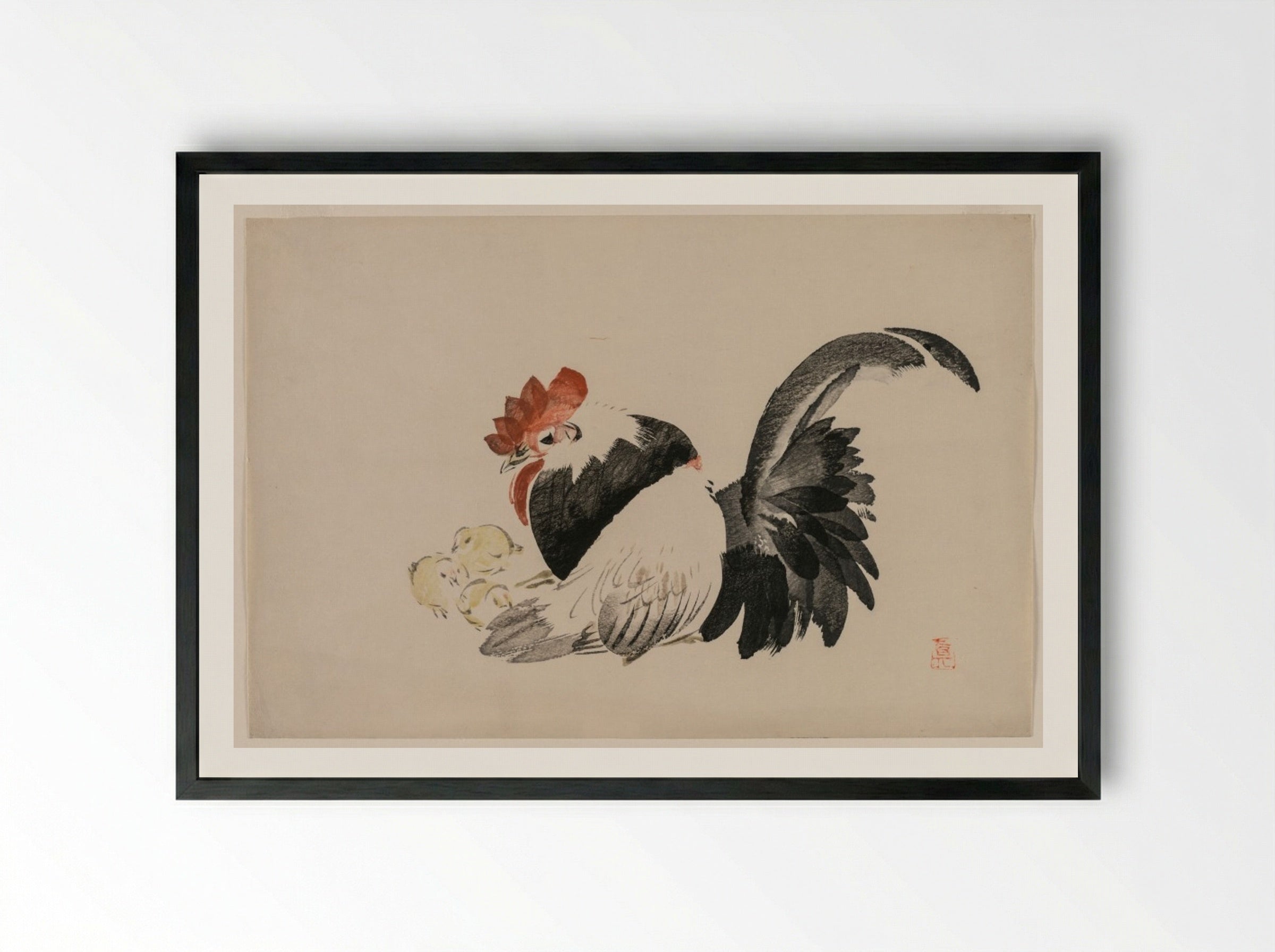 Rooster, Hen, and Chicks - Shibata Zeshin - Framed Print Black