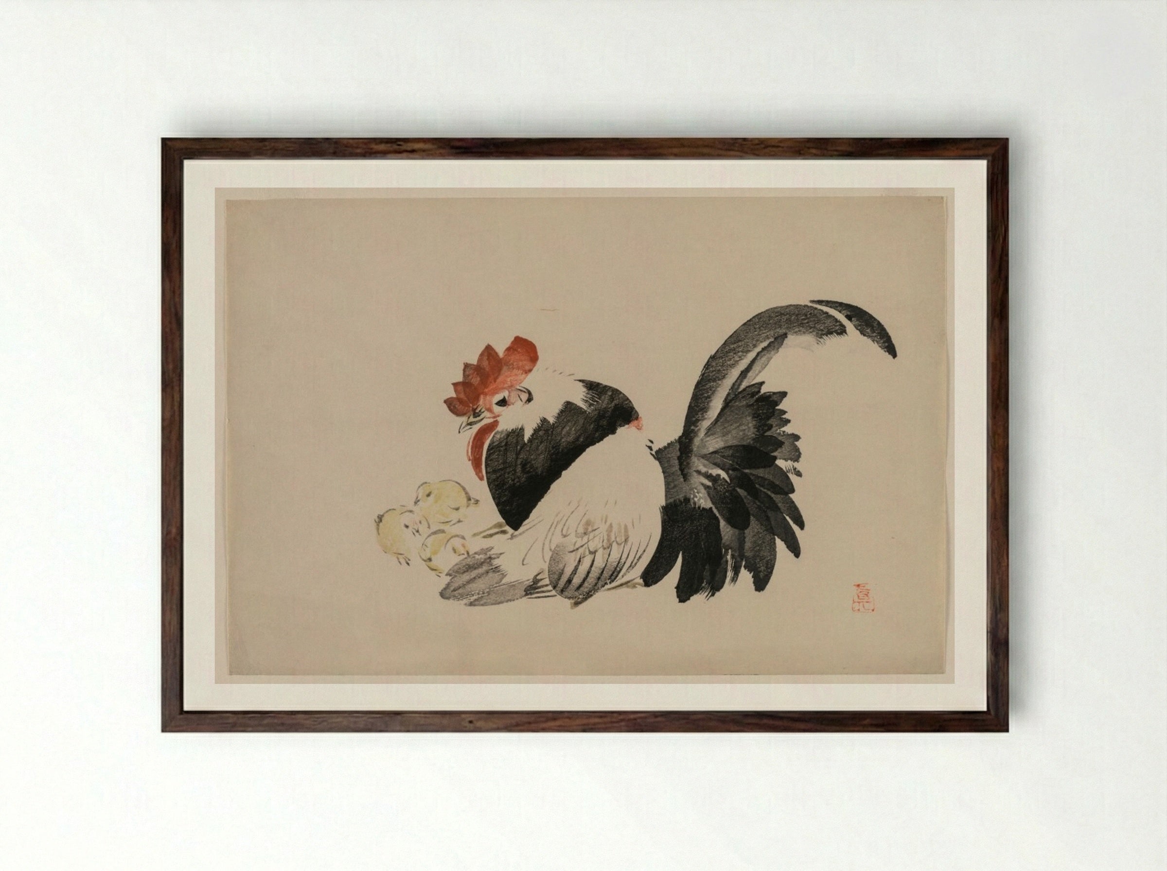 Rooster, Hen, and Chicks - Shibata Zeshin - Framed Print Dark Wood