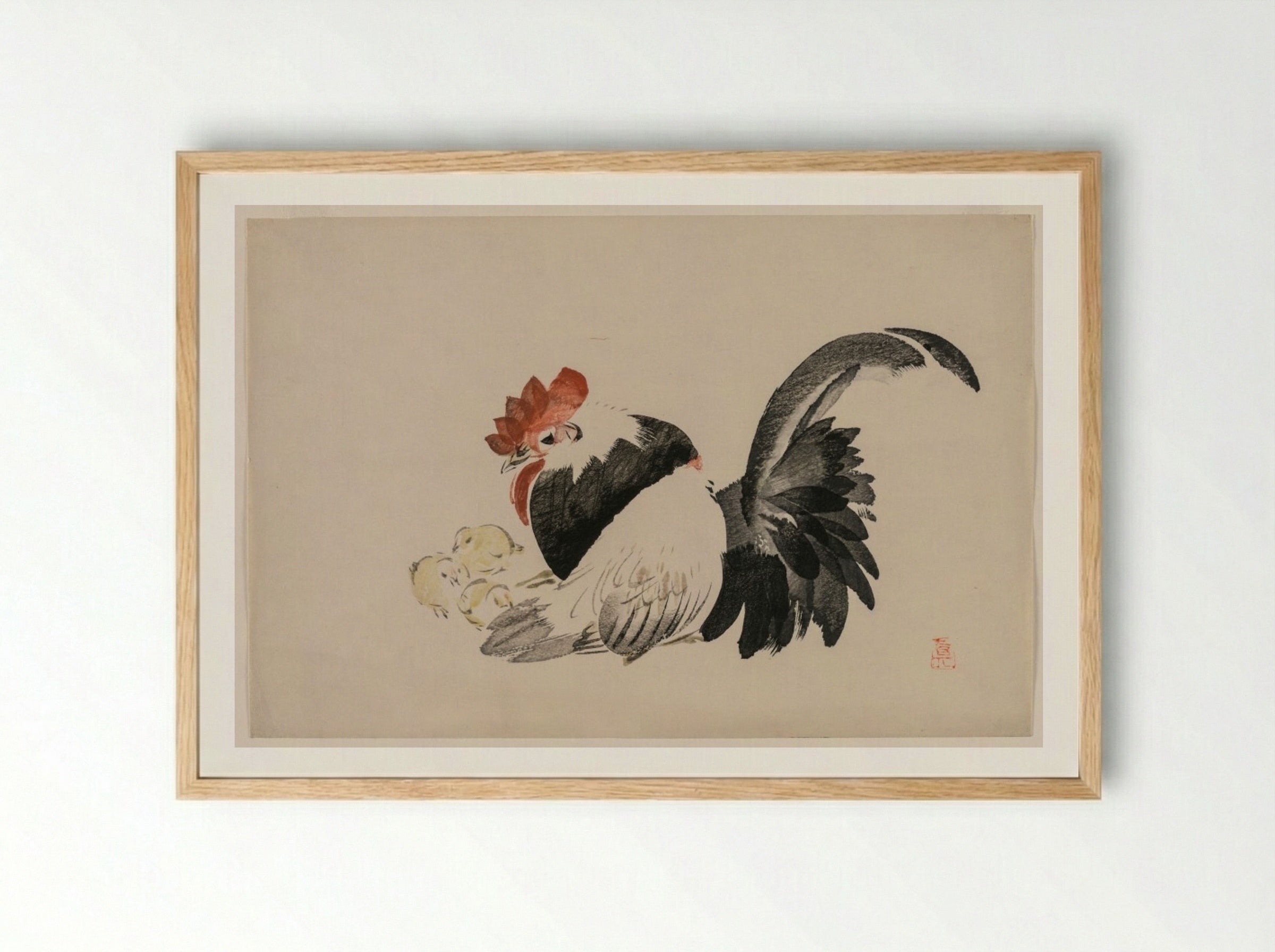 Rooster, Hen, and Chicks - Shibata Zeshin - Framed Print Wood
