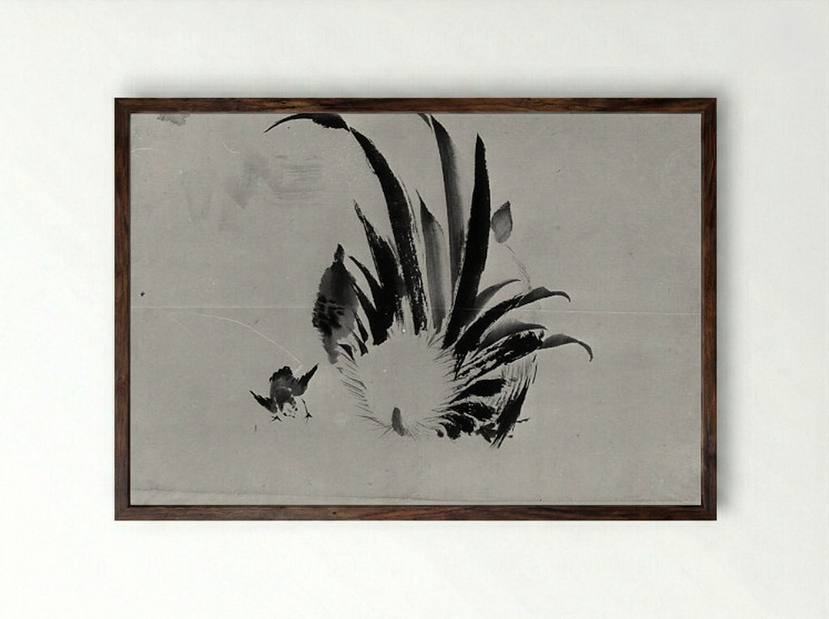 Rooster and Chick - Hokusai School - Framed Print Dark Wood
