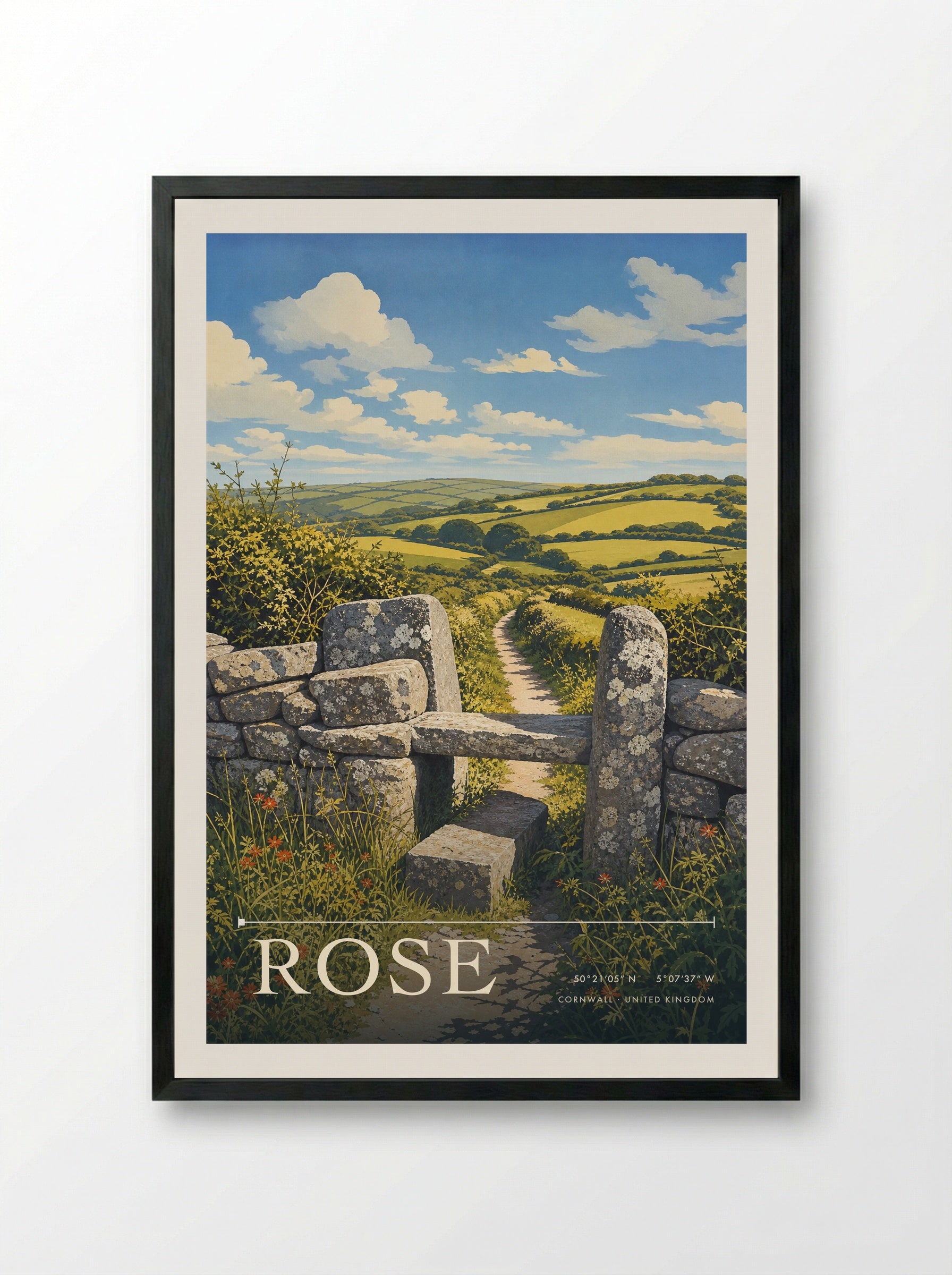 Rose Cornwall United Kingdom Travel Poster - Framed Print Black