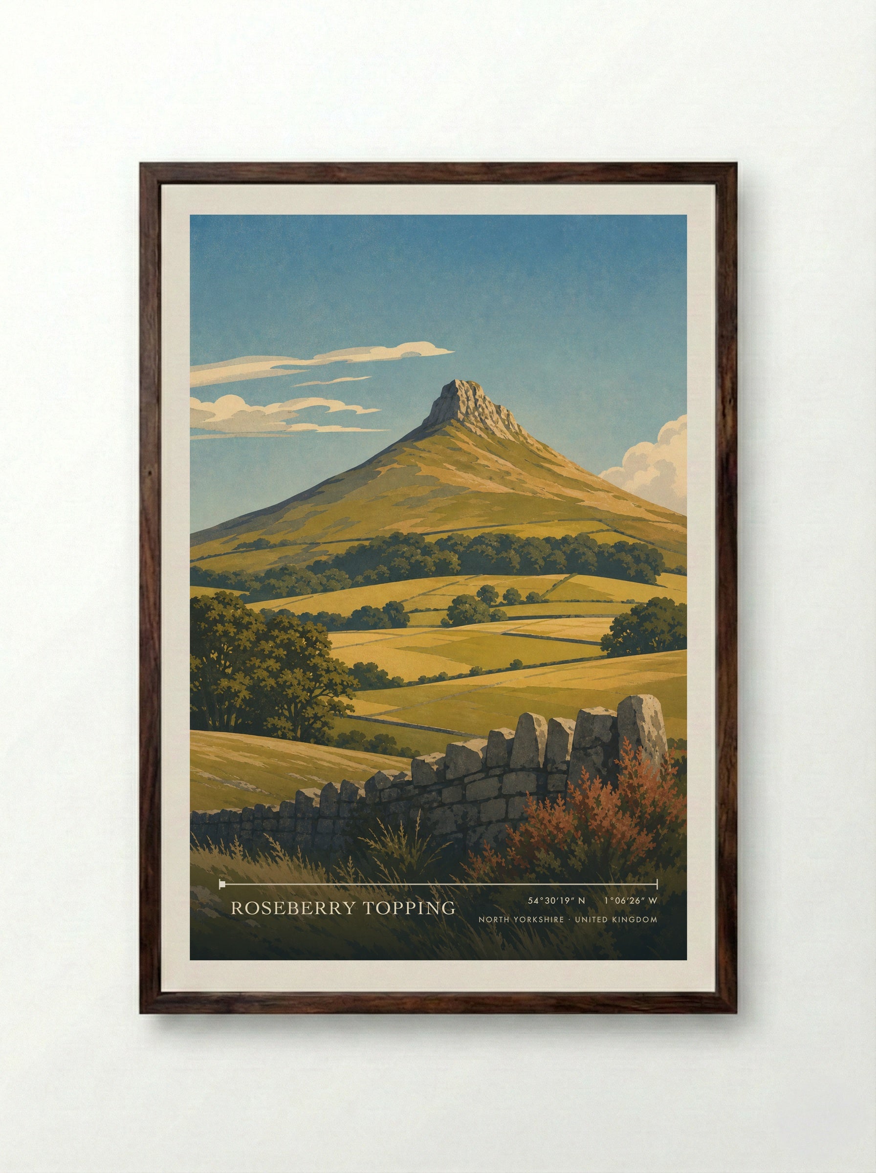 Roseberry Topping North Yorkshire United Kingdom Travel Poster - Framed Print Dark Wood