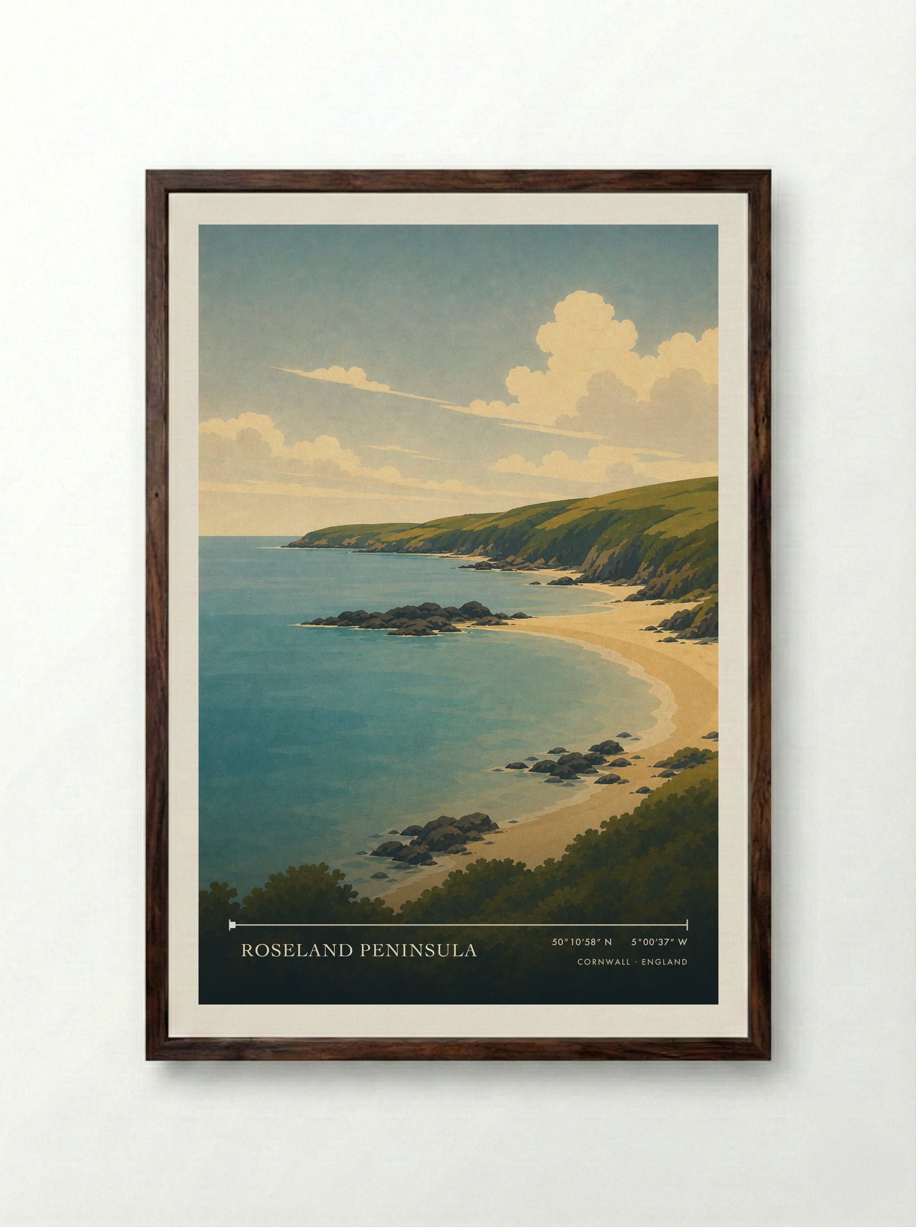 Roseland Peninsula Cornwall England Travel Poster - Framed Print Dark Wood