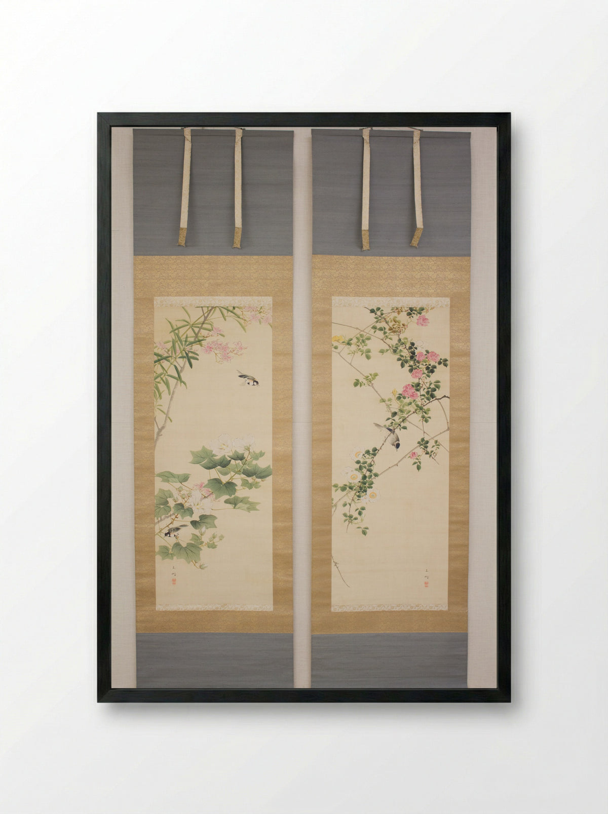 Roses and Field Sparrow (Diptych) - Hasegawa Gyokuhō - Framed Print Black