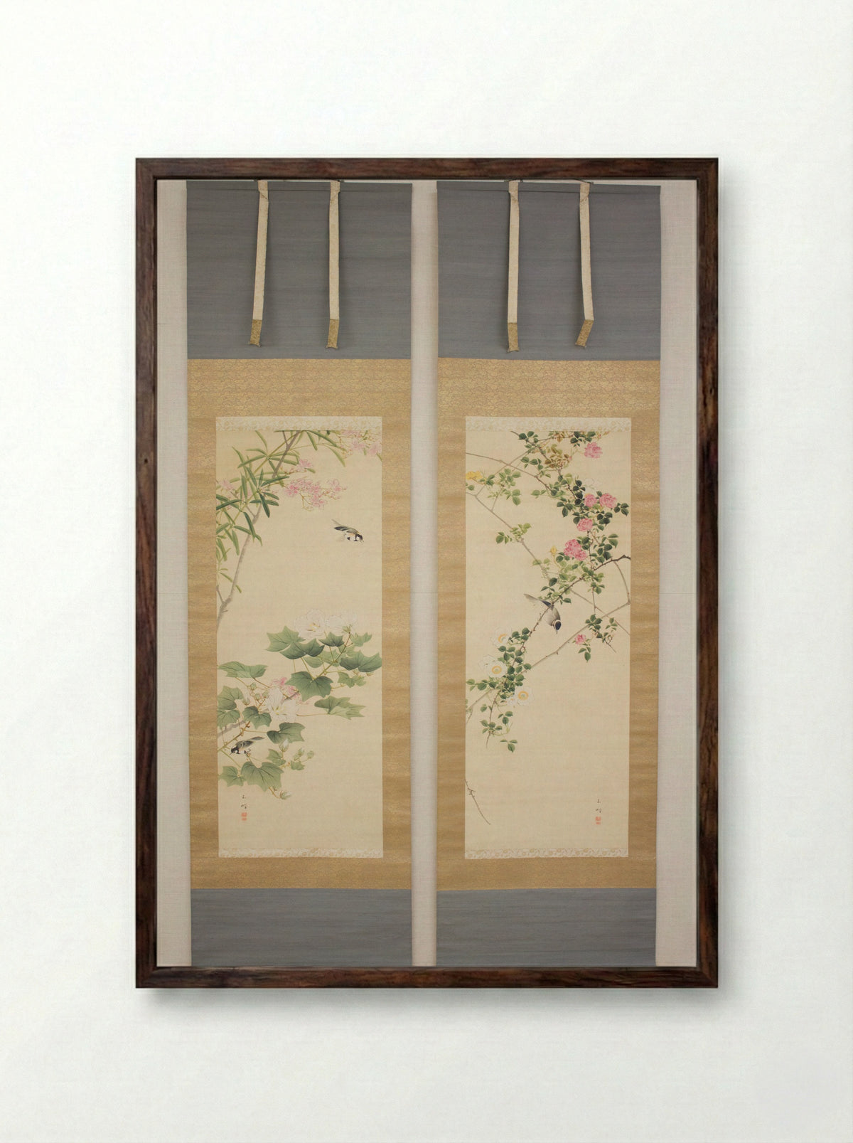 Roses and Field Sparrow (Diptych) - Hasegawa Gyokuhō - Framed Print Dark Wood