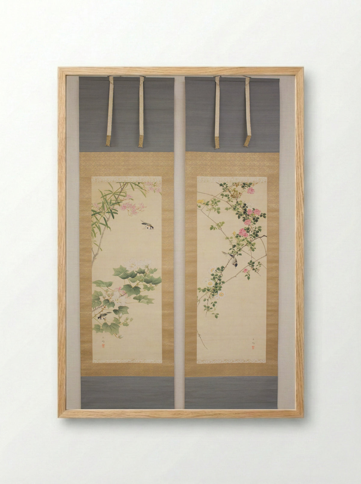 Roses and Field Sparrow (Diptych) - Hasegawa Gyokuhō - Framed Print Wood
