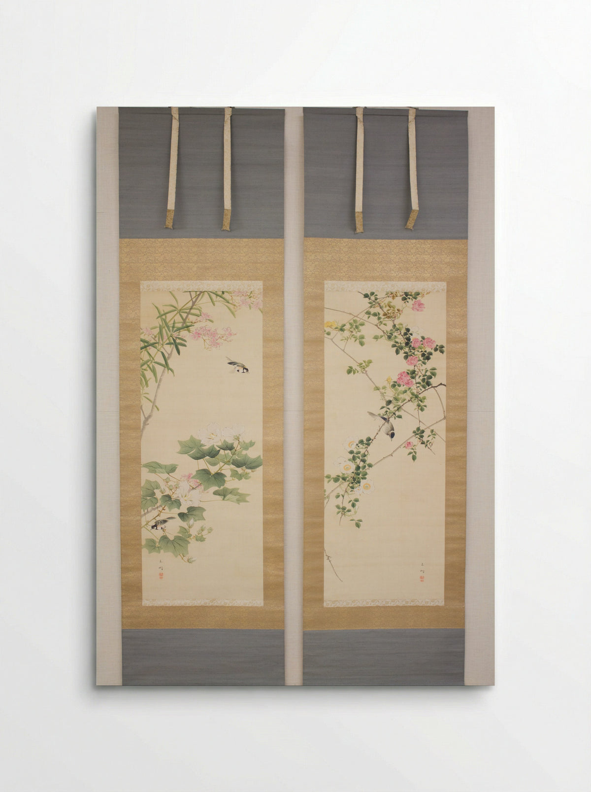 Roses and Field Sparrow (Diptych) - Hasegawa Gyokuhō - Poster