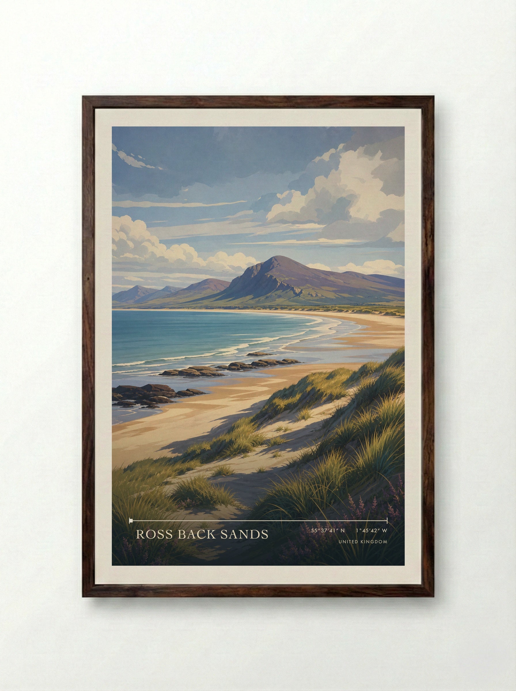 Ross Back Sands United Kingdom Travel Poster - Framed Print Dark Wood