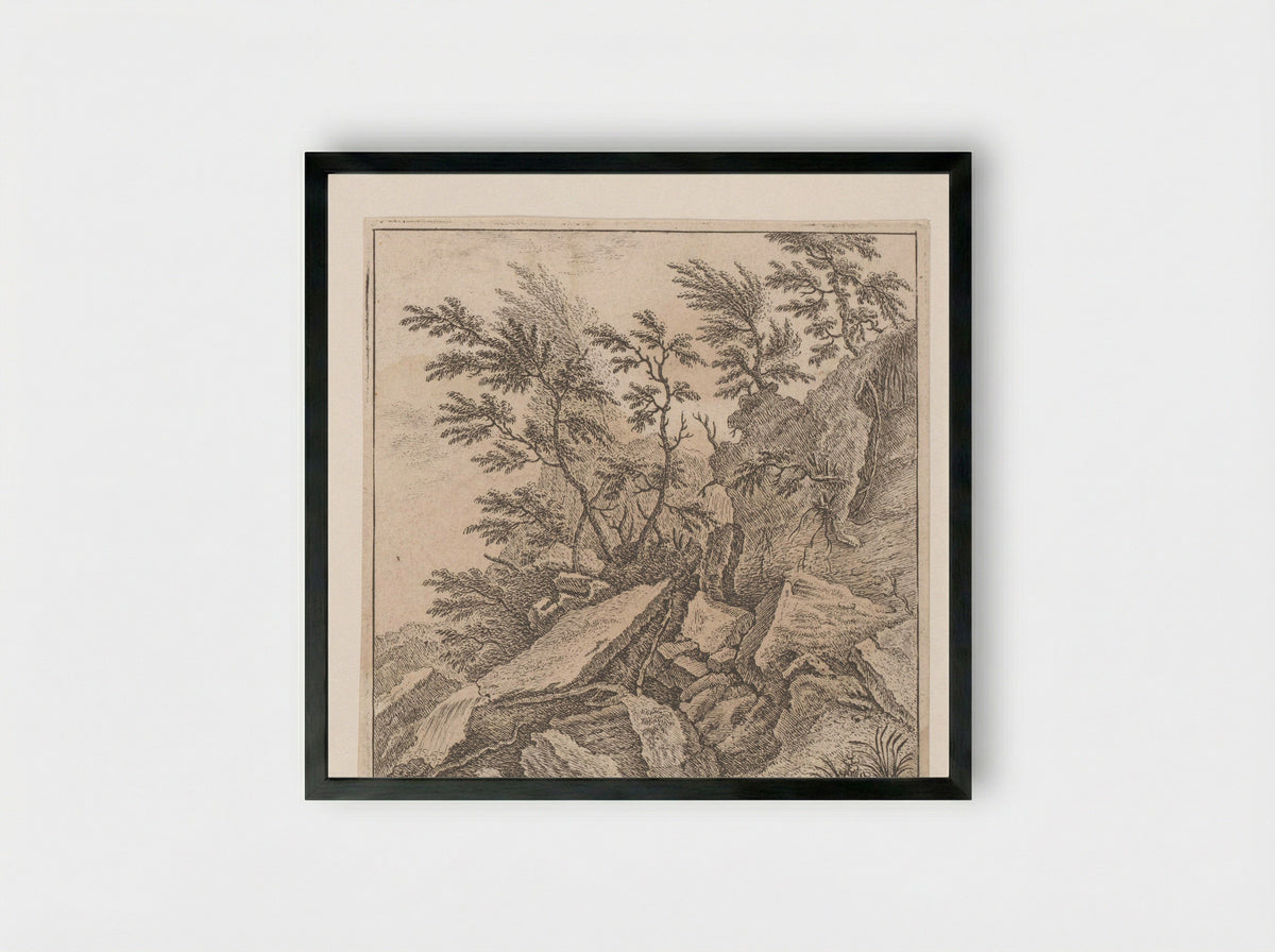 Rotspartij met een waterval - Johann Caspar Ulinger - Framed Print Black