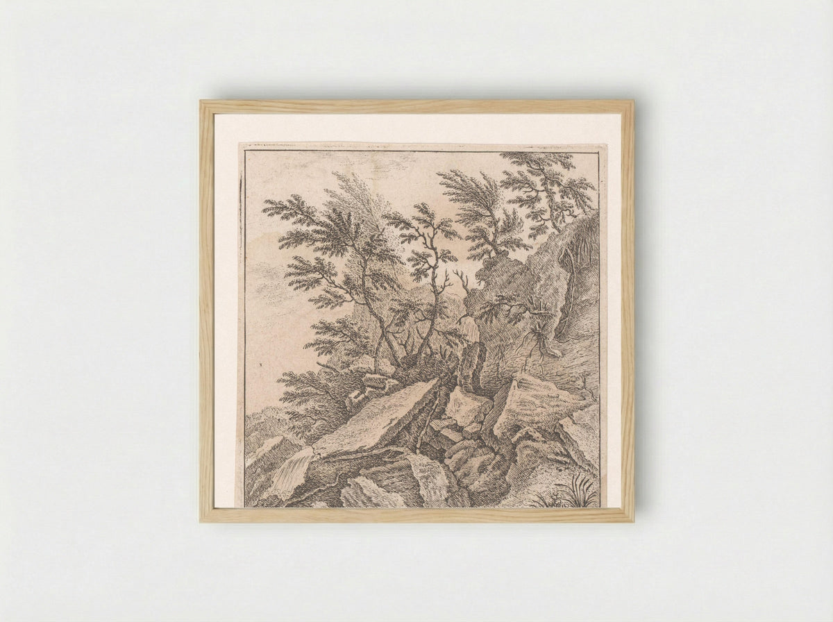 Rotspartij met een waterval - Johann Caspar Ulinger - Framed Print Wood