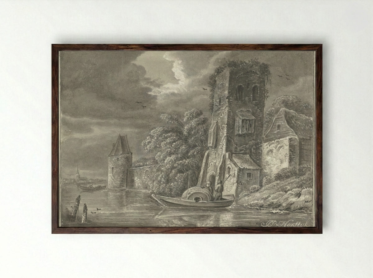 Ruïne aan het water - Johannes Petrus van Horstok - Framed Print Dark Wood