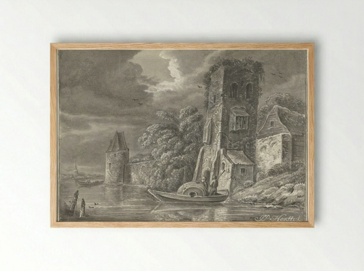 Ruïne aan het water - Johannes Petrus van Horstok - Framed Print Wood