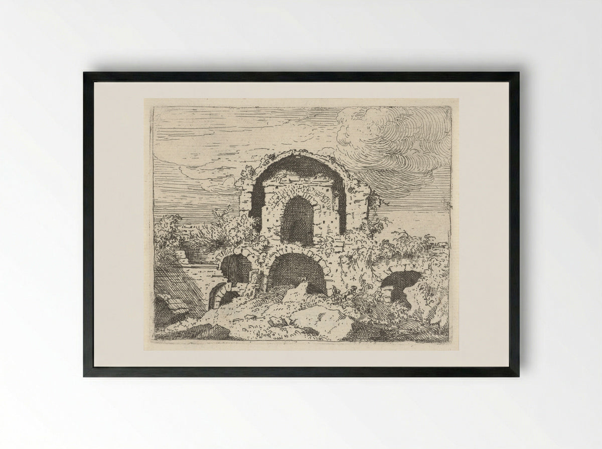 Ruïne in een landschap - Govert van der Leeuw - Framed Print Black
