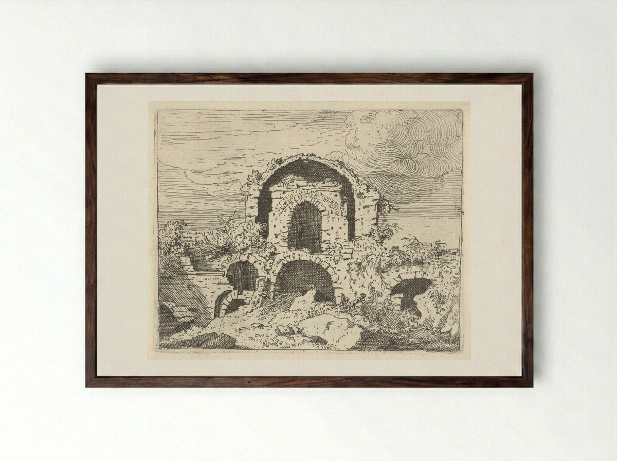 Ruïne in een landschap - Govert van der Leeuw - Framed Print Dark Wood
