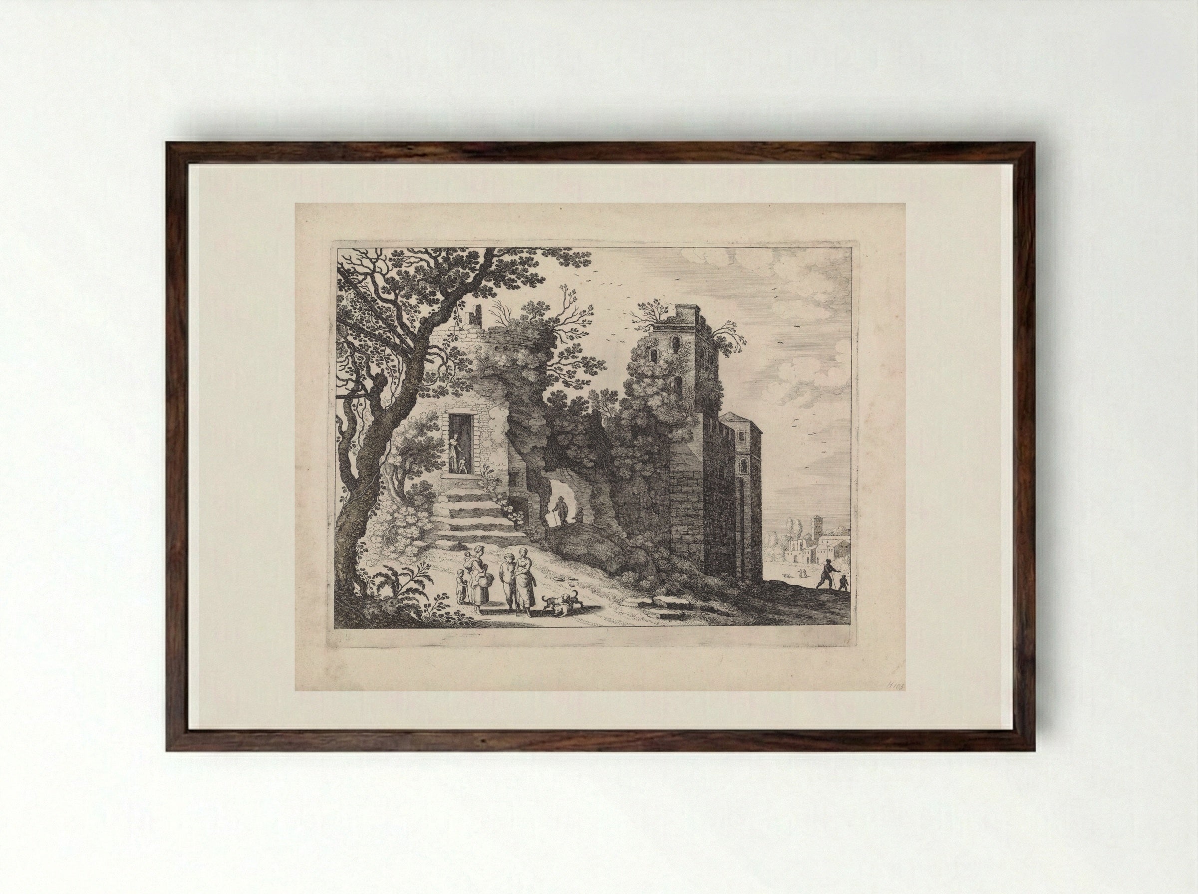 Ruïne met een groep vrouwen en kinderen - Guilliam van Nieulandt (II) - Framed Print Dark Wood
