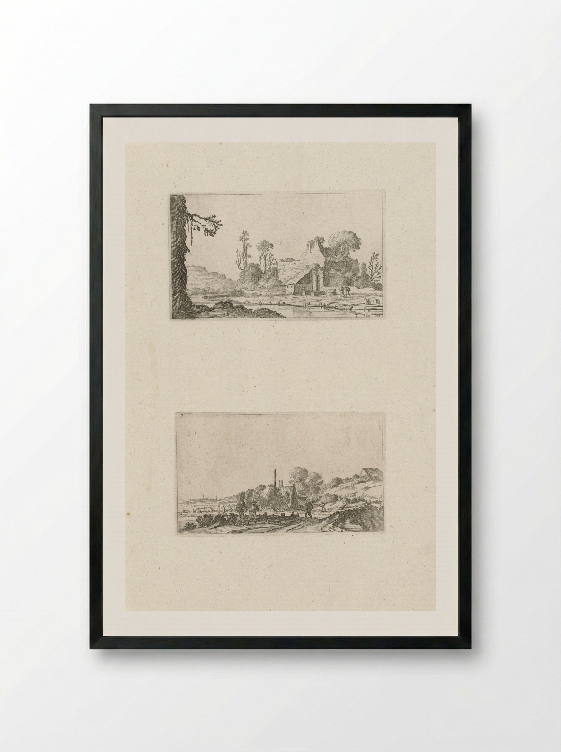 Ruïne omgebouwd tot boerderij en wandelaars in de duinen - Gillis van Scheyndel (I) - Framed Print Black