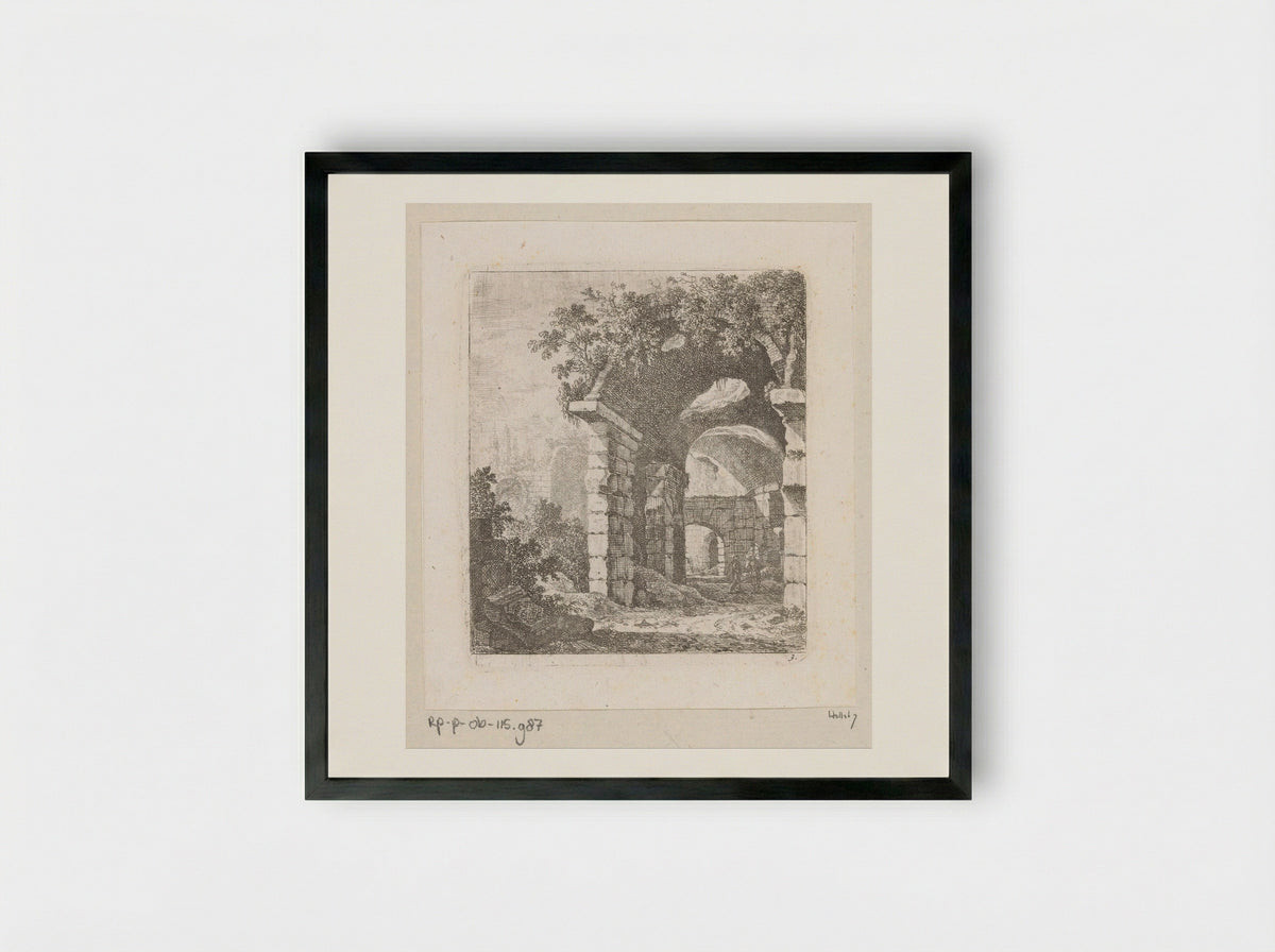 Ruïne van een portico met twee mannen - Johann Franz Ermels - Framed Print Black
