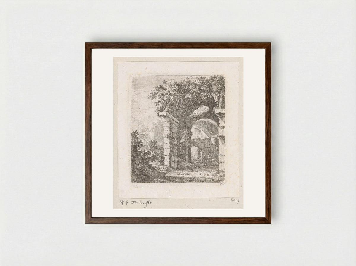 Ruïne van een portico met twee mannen - Johann Franz Ermels - Framed Print Dark Wood