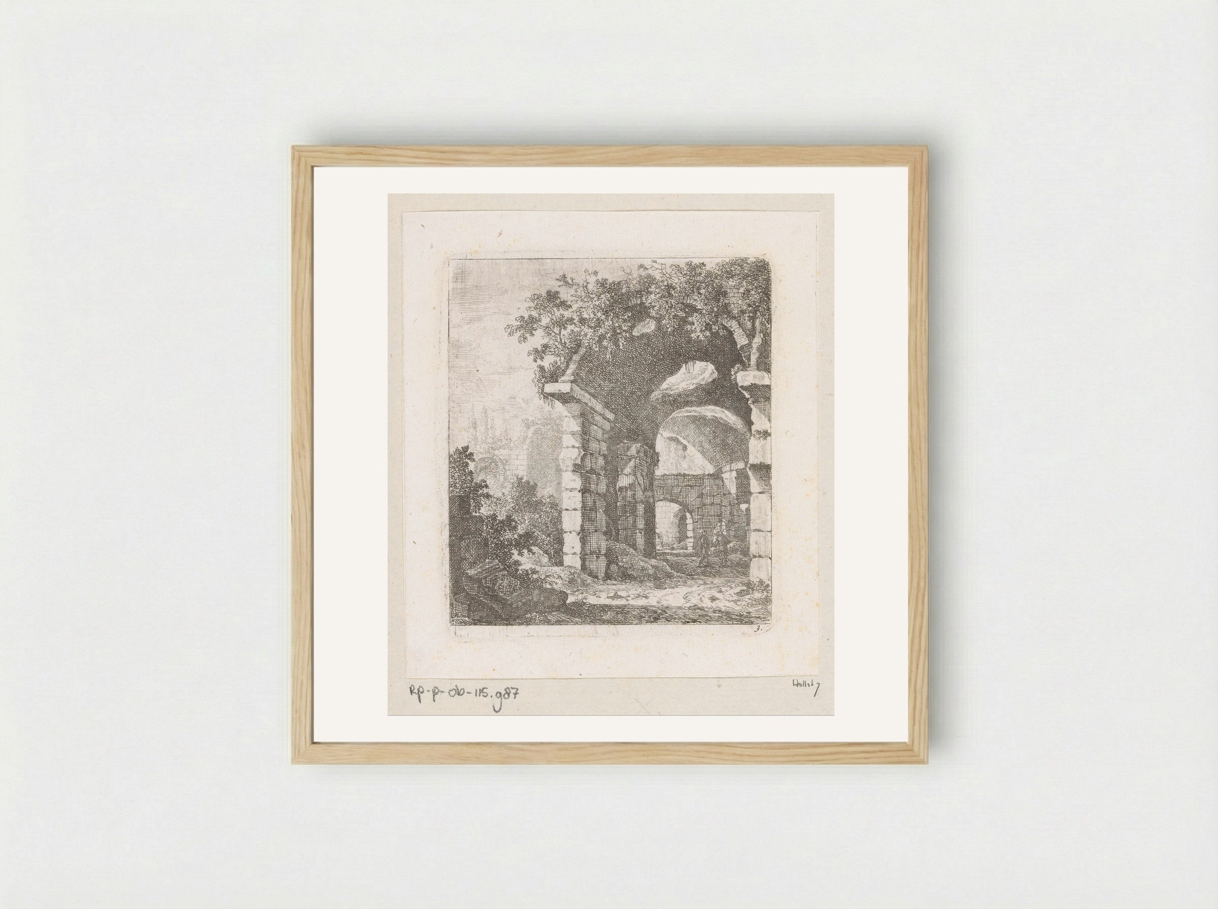 Ruïne van een portico met twee mannen - Johann Franz Ermels - Framed Print Wood