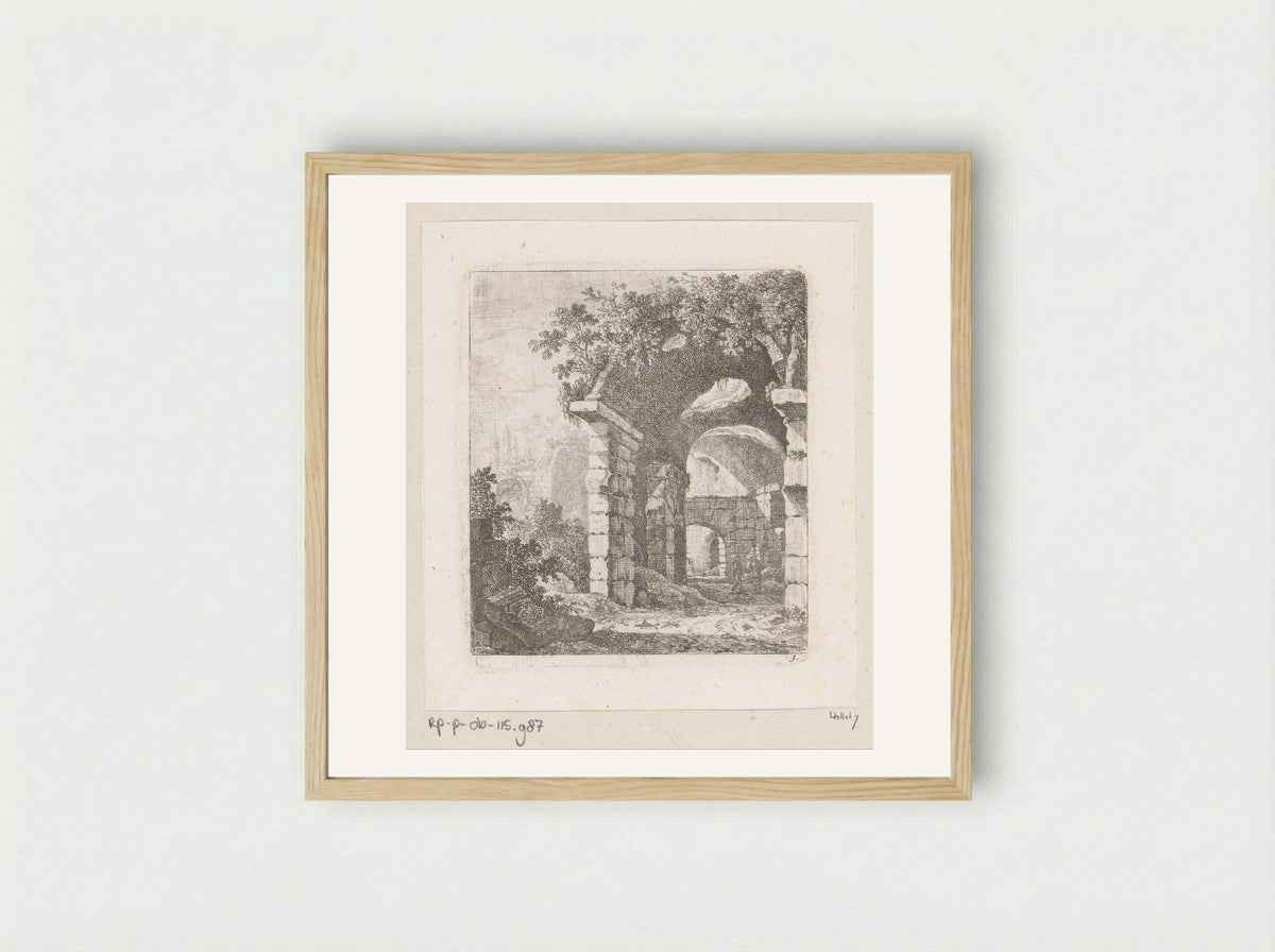 Ruïne van een portico met twee mannen - Johann Franz Ermels - Framed Print Wood