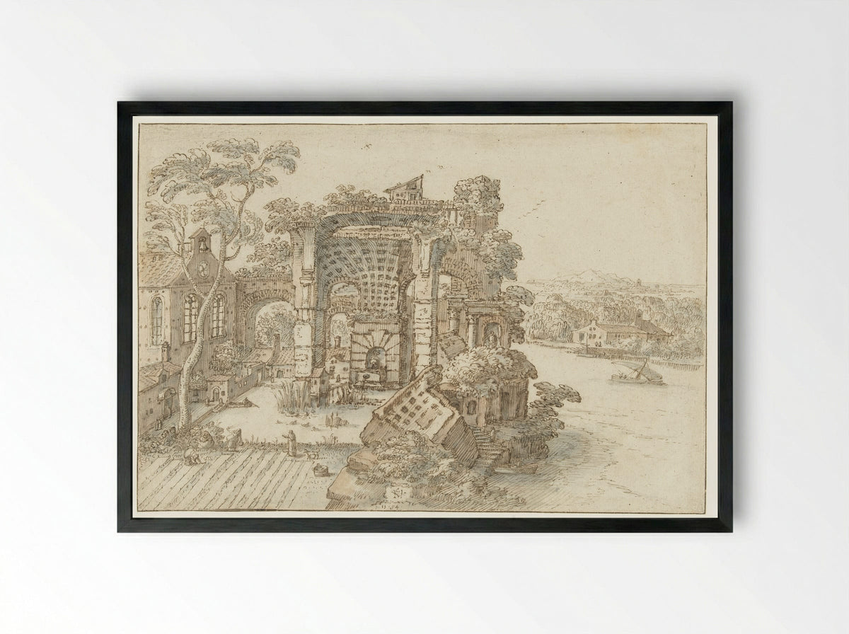 Ruïnes nabij een brede rivier - Hendrick van Cleve - Framed Print Black