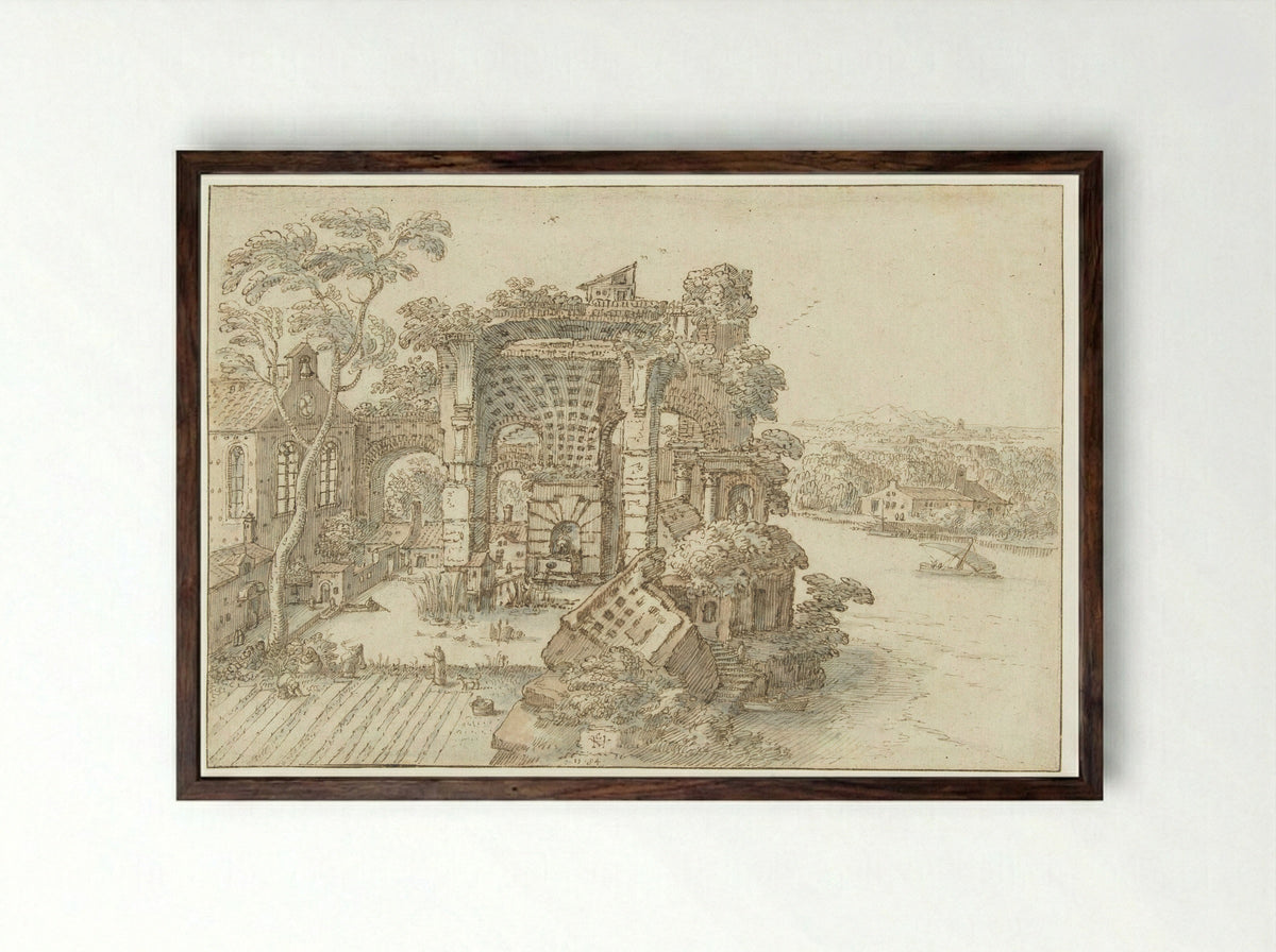 Ruïnes nabij een brede rivier - Hendrick van Cleve - Framed Print Dark Wood