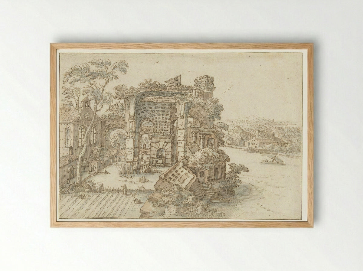 Ruïnes nabij een brede rivier - Hendrick van Cleve - Framed Print Wood