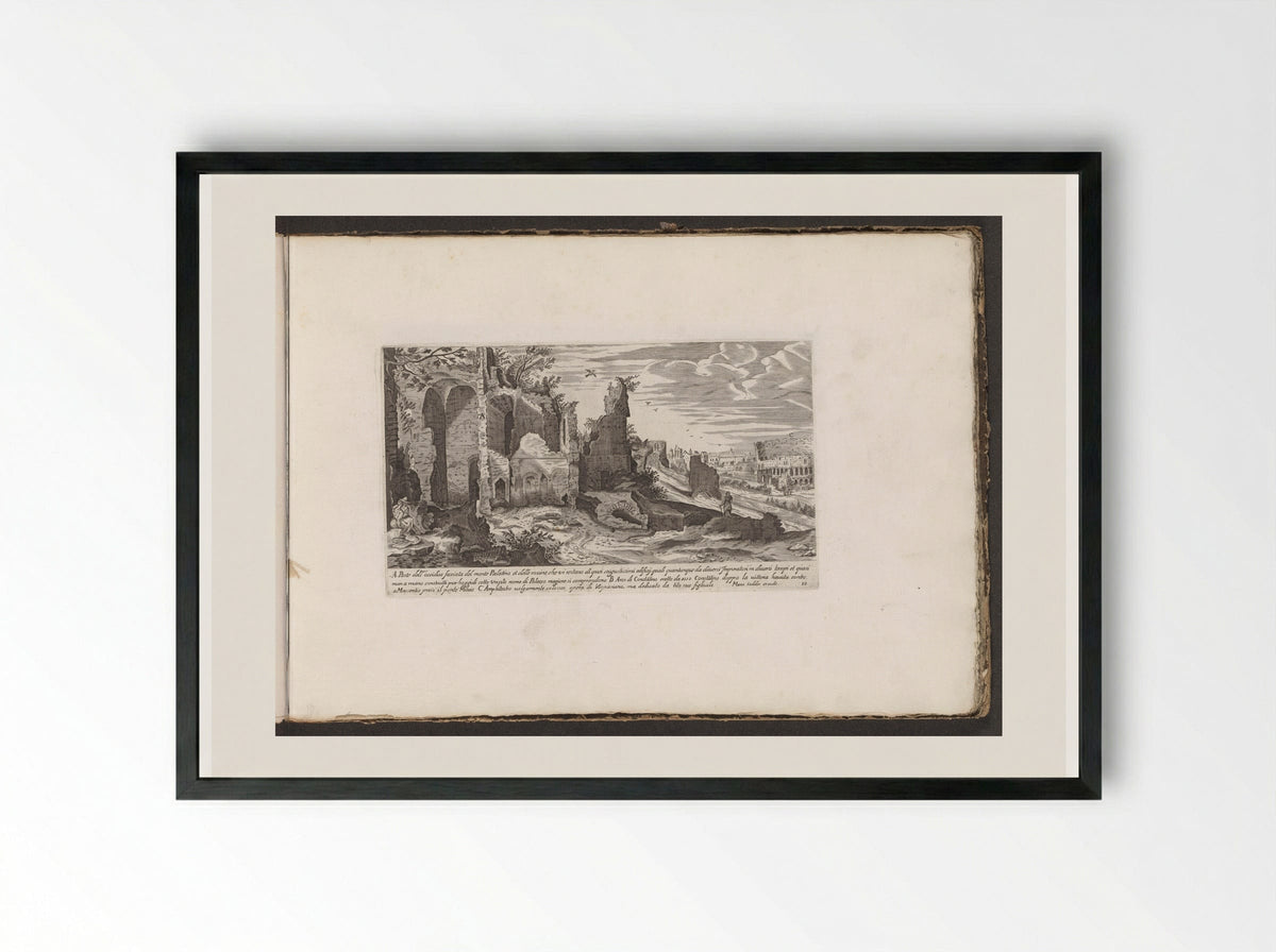 Ruïnes op de hellingen van de Palatijn, rechts het Colosseum - Giovanni Giacomo de' Rossi - Framed Print Black