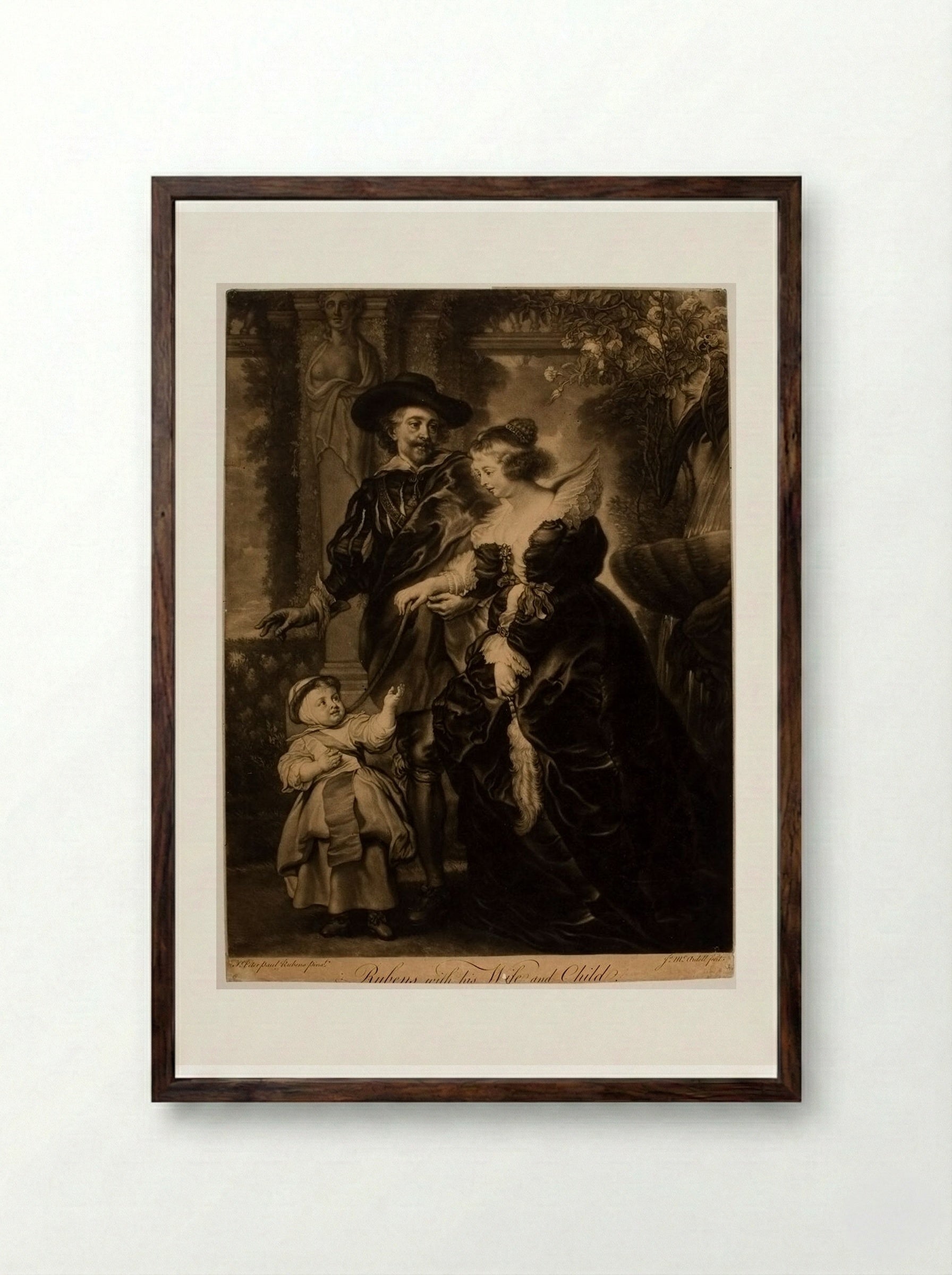Rubens with his Wife and Child - James McArdell - Framed Print Dark Wood