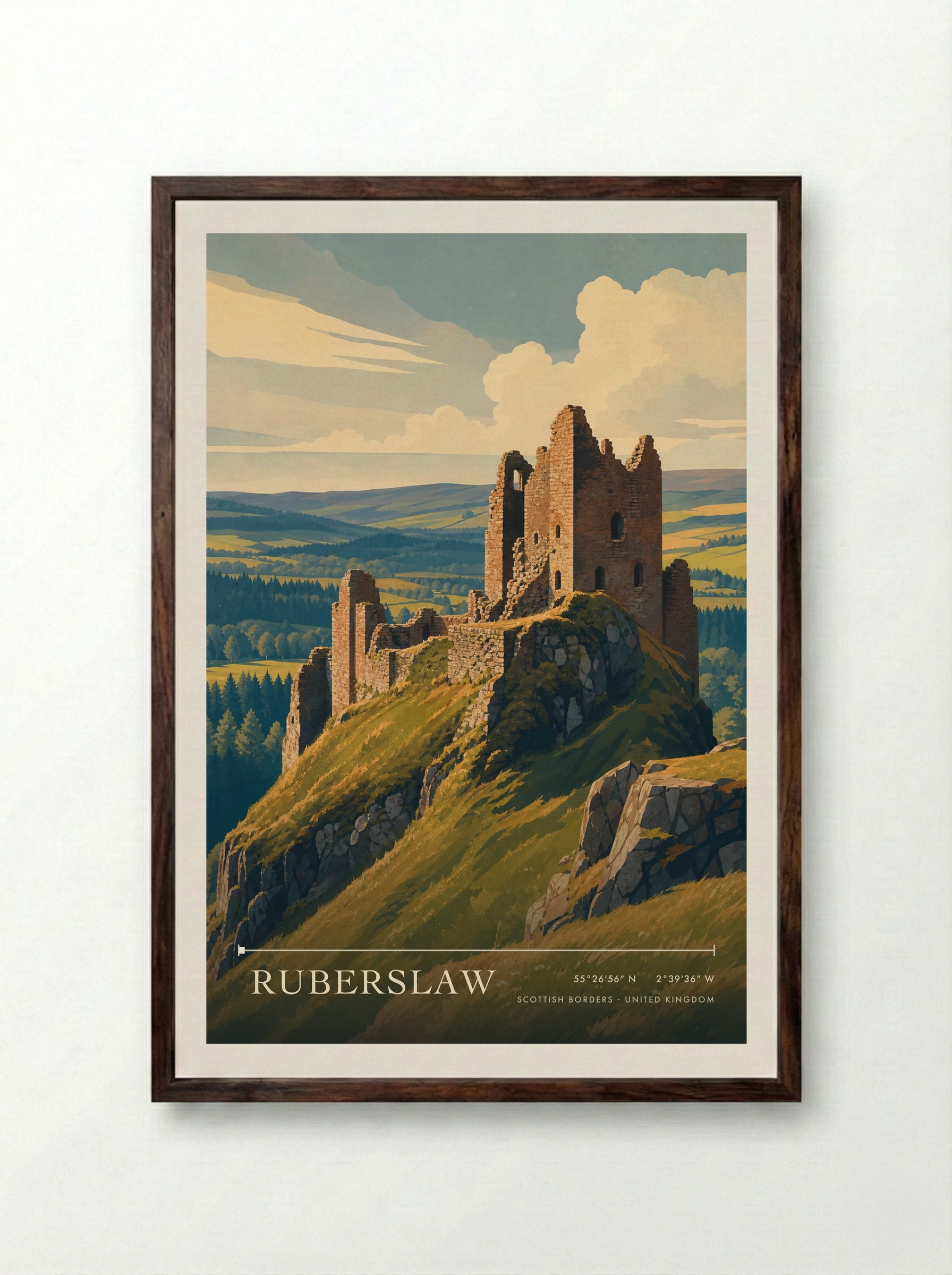 Ruberslaw Scottish Borders United Kingdom Travel Poster - Framed Print Dark Wood
