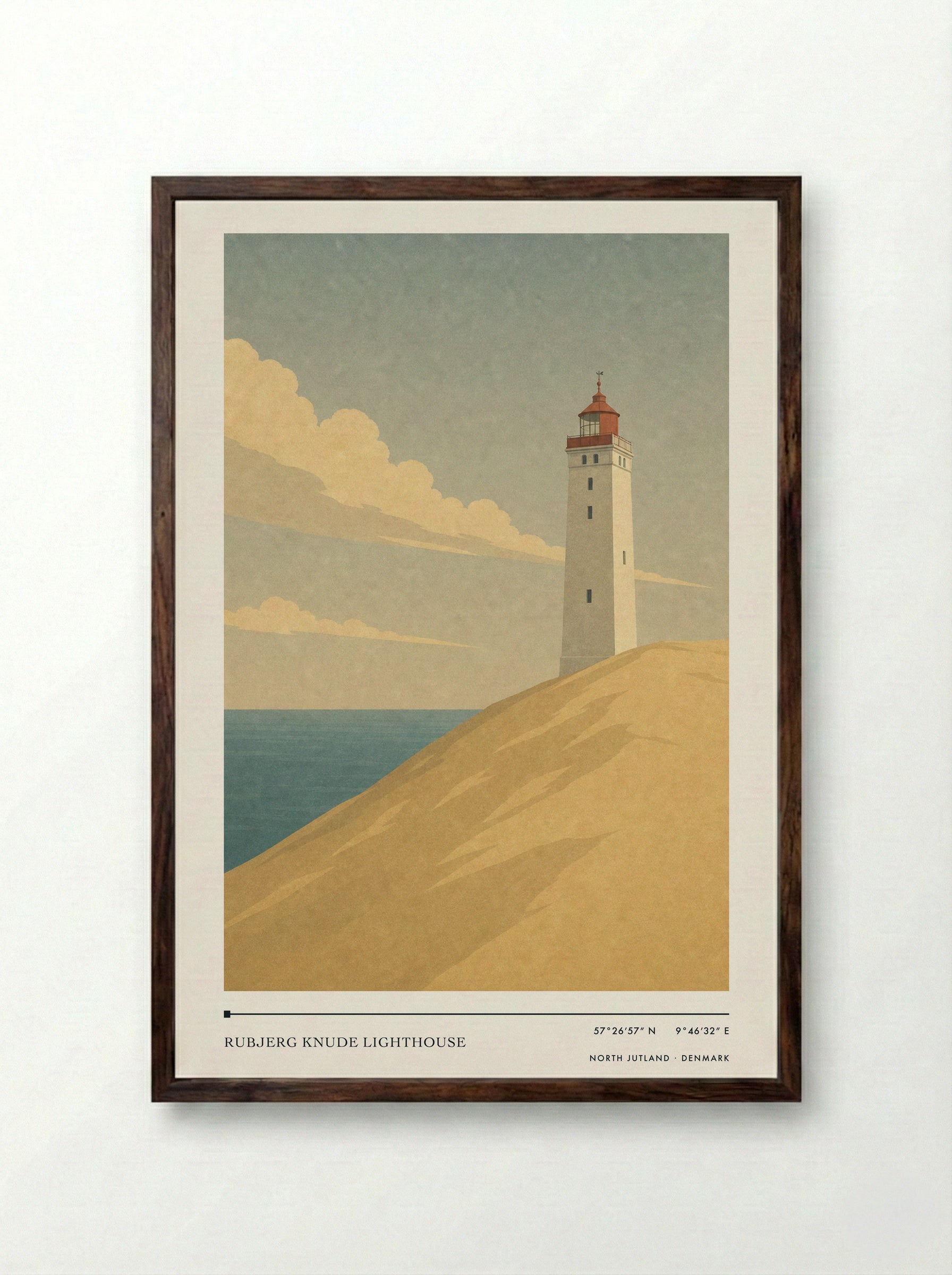 Rubjerg Knude Lighthouse Travel Poster Artwork - Framed Print Dark Wood