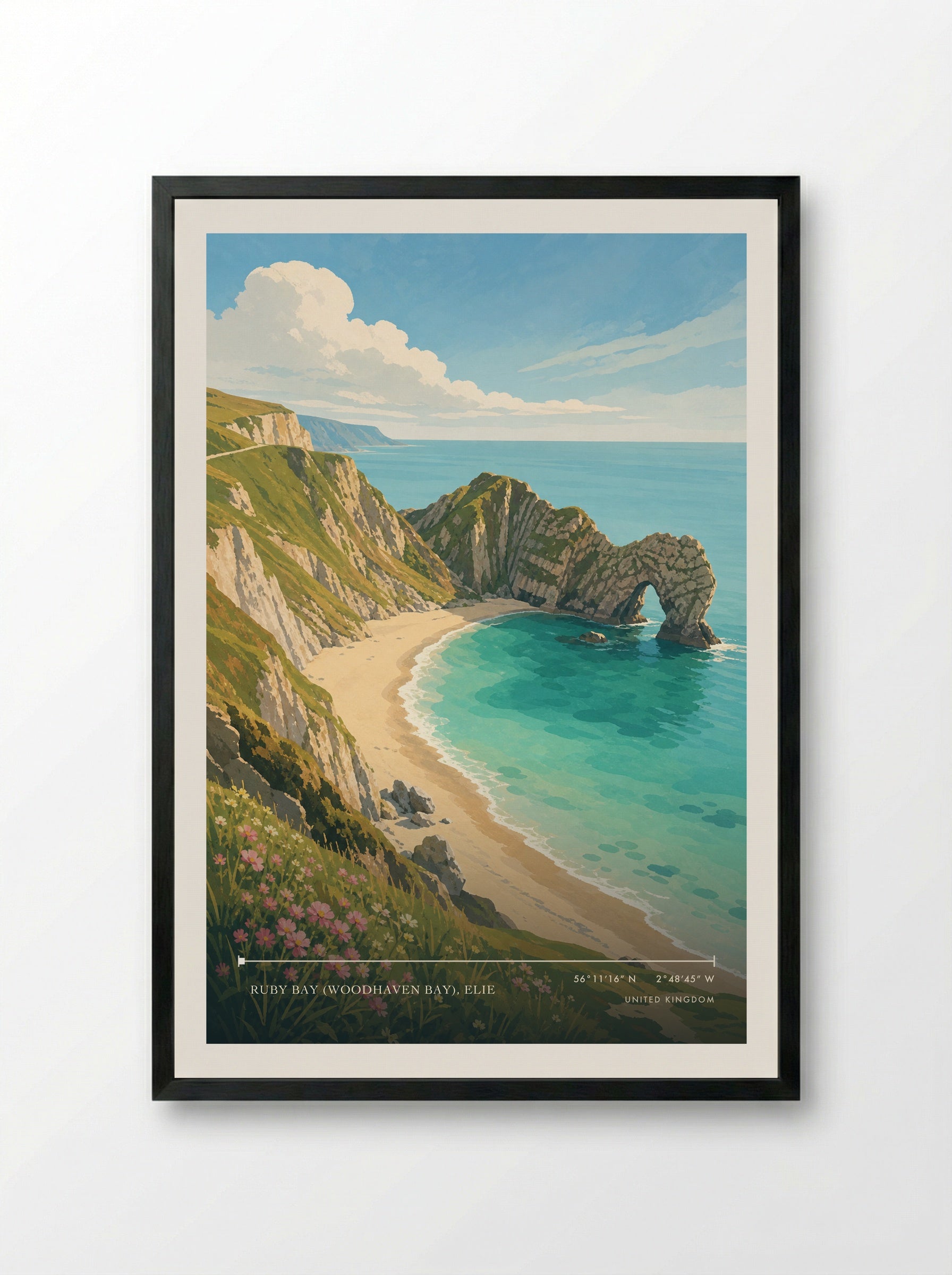 Ruby Bay (Woodhaven Bay), Elie United Kingdom Travel Poster - Framed Print Black
