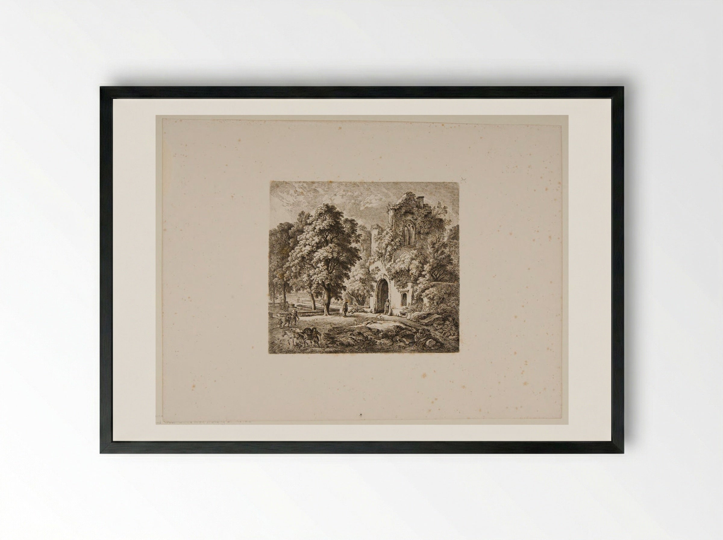 Ruined Tower with Man Standing at the Gate - Ferdinand Kobell - Framed Print Black