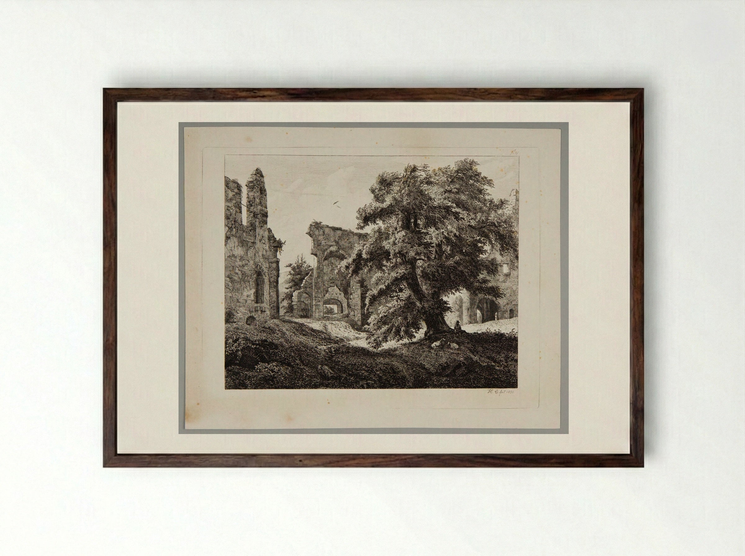 Ruins of Schloss Hartenstein - Johann Hermann Carmiencke - Framed Print Dark Wood