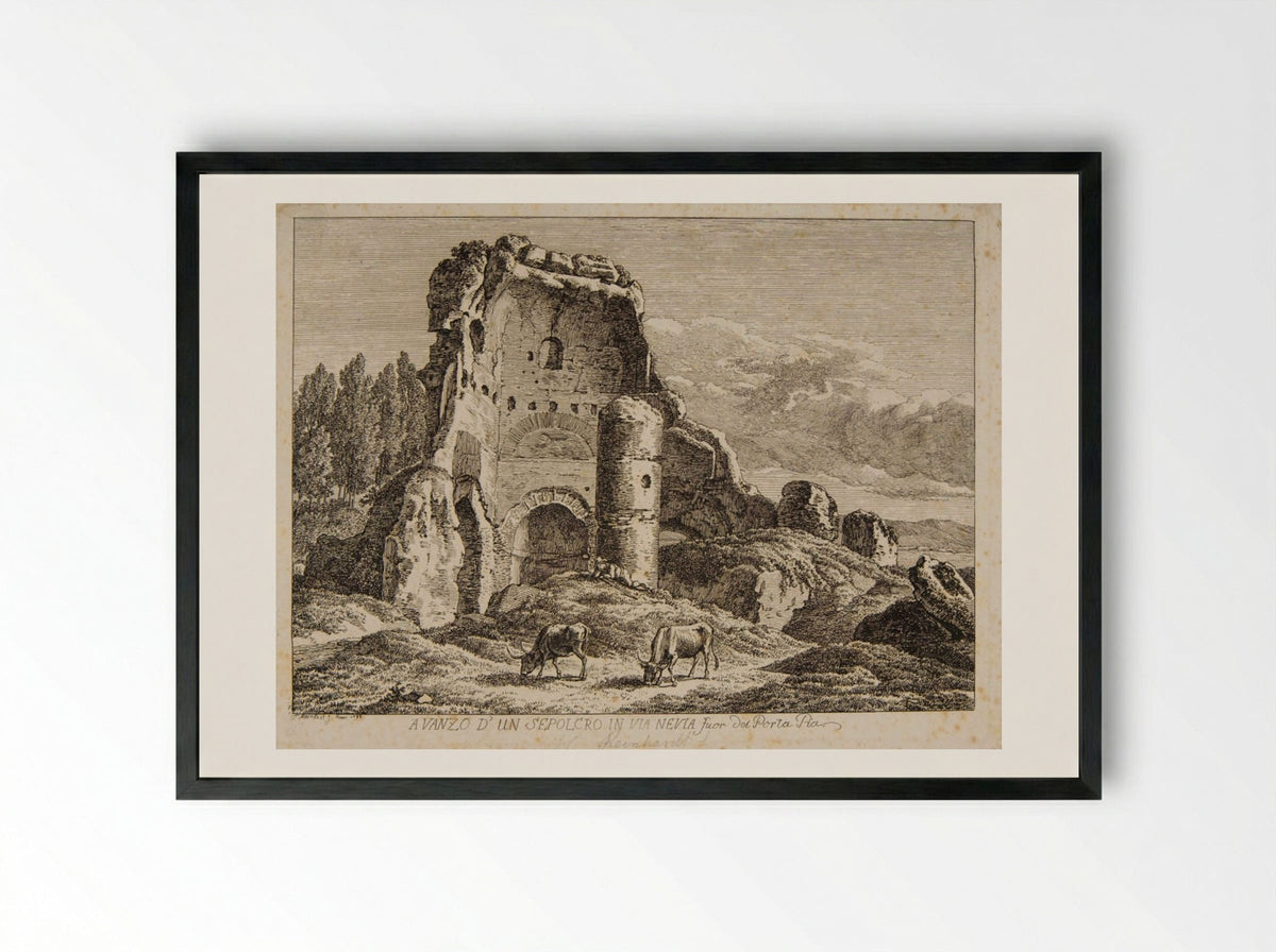Ruins of a Tomb on the Via Nevia - Johann Christian Reinhart - Framed Print Black