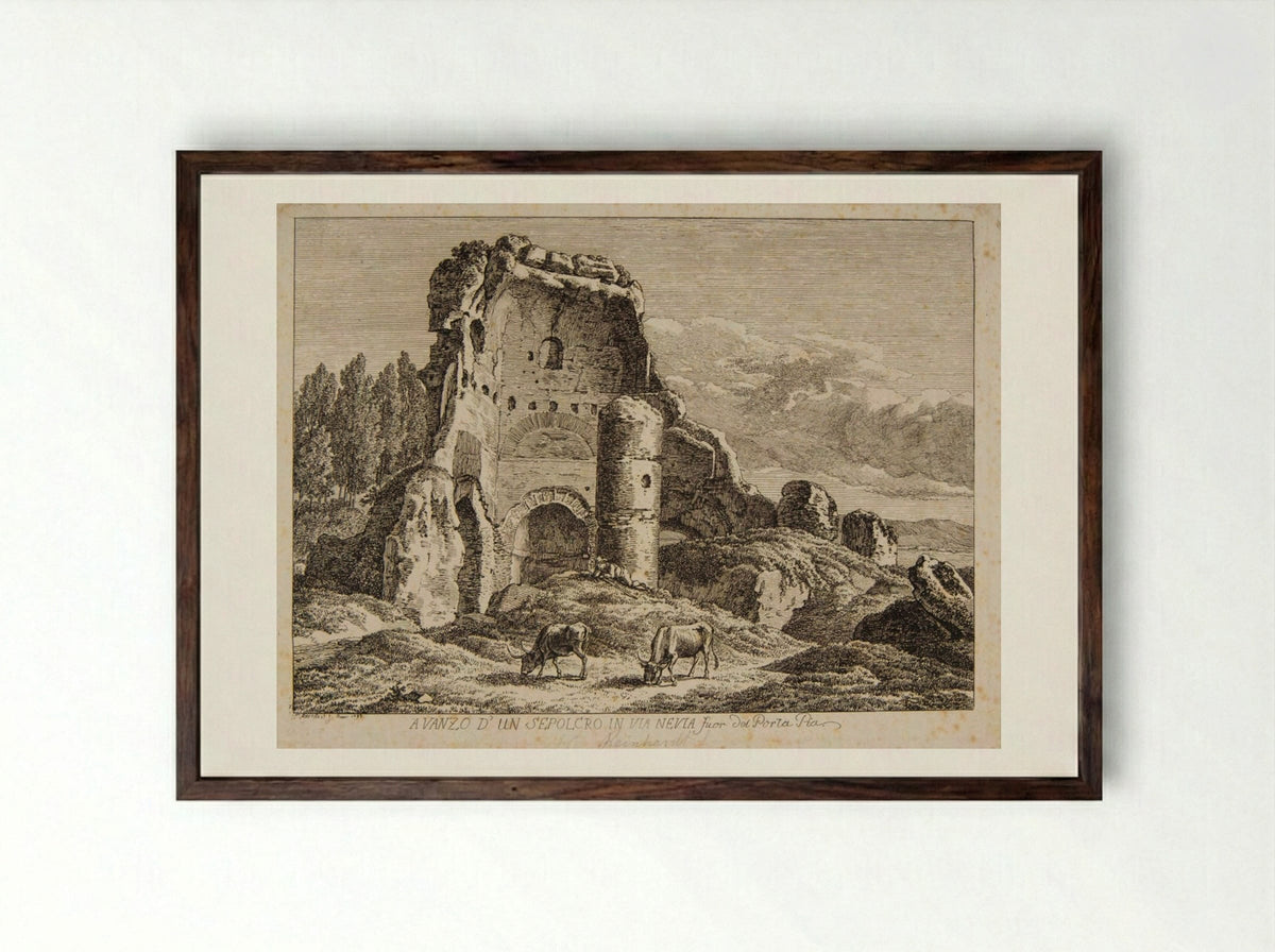 Ruins of a Tomb on the Via Nevia - Johann Christian Reinhart - Framed Print Dark Wood