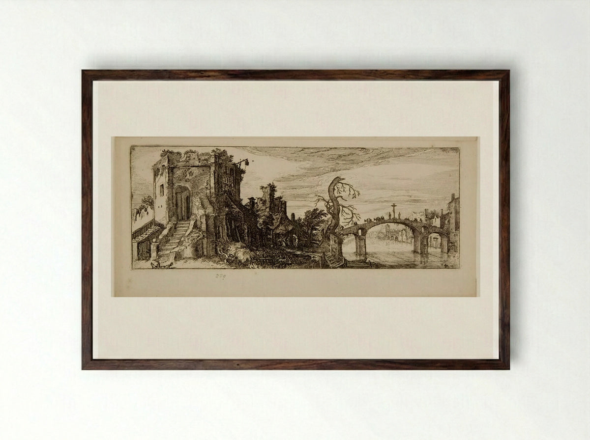Ruins of a Tower and a Bridge - Jan van de Velde II - Framed Print Dark Wood