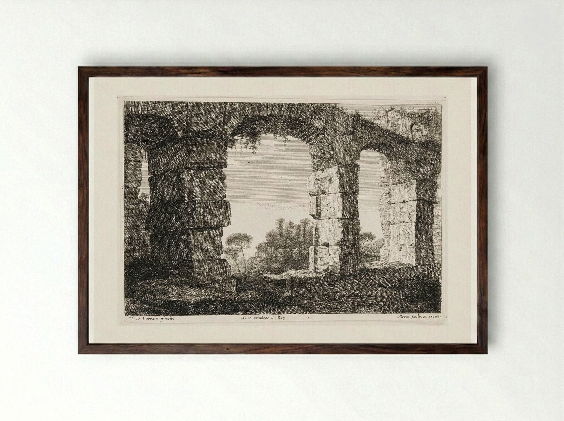 Ruins of an Aqueduct - Jean Morin - Framed Print Dark Wood