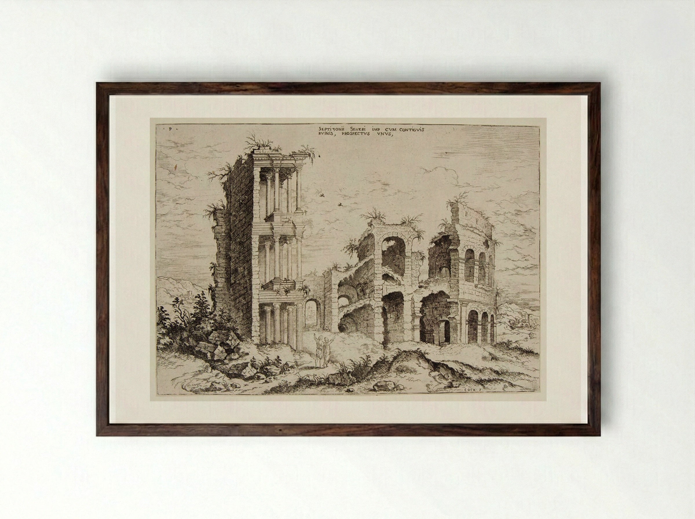 Ruins of the Septizonium and the Colosseum - Hieronymus Cock - Framed Print Dark Wood