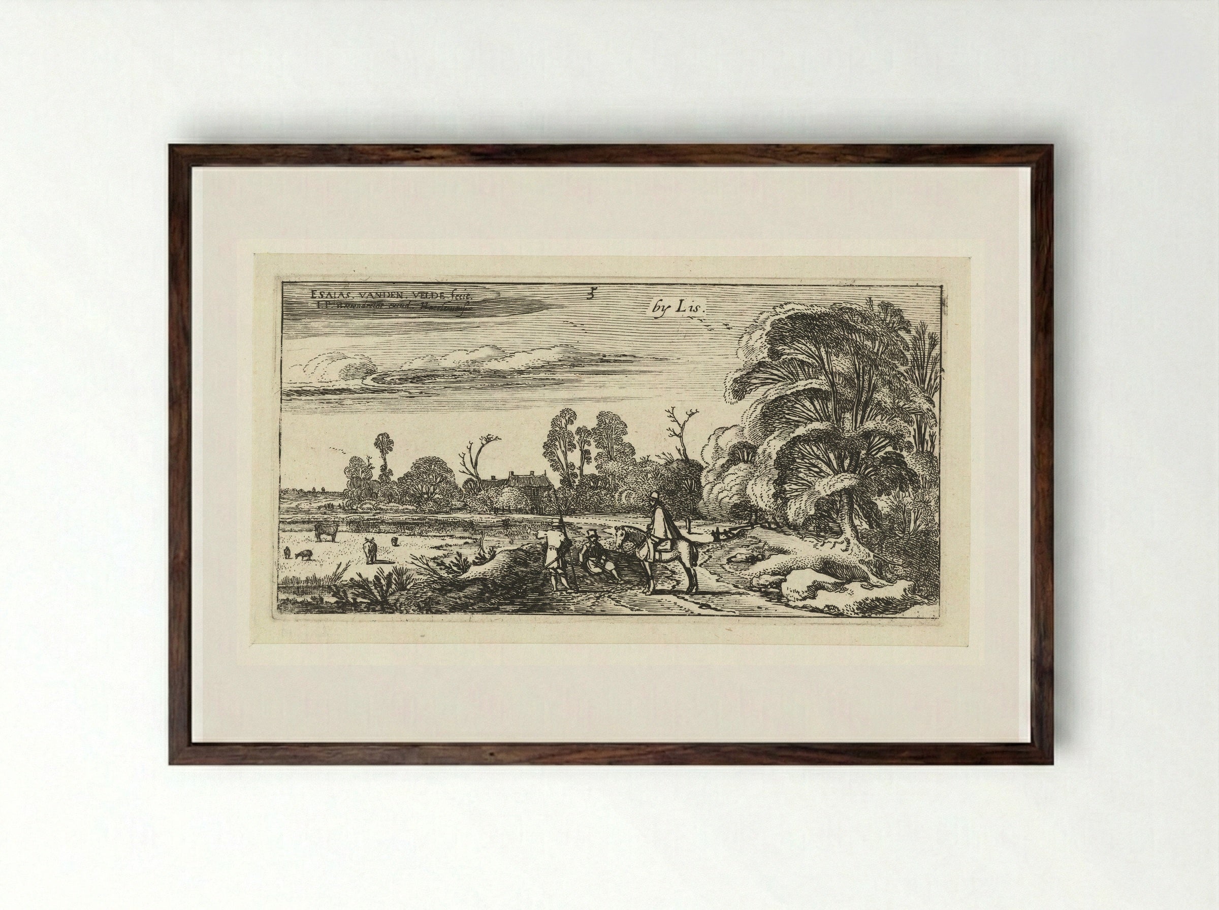 Ruiter en wandelaars op een weg bij Lisse - Esaias van de Velde - Framed Print Dark Wood